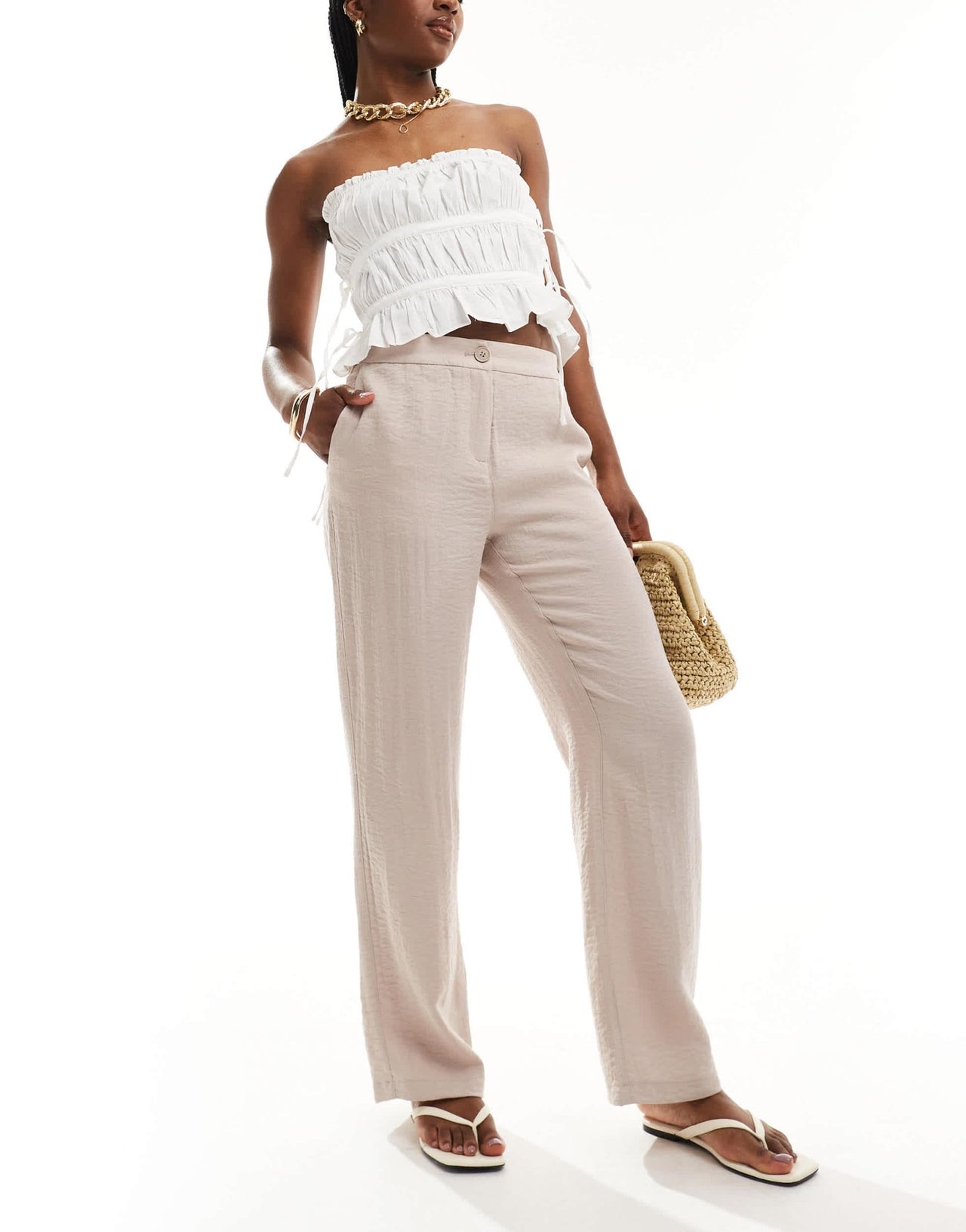 Pimkie textured wide leg trousers in beige - ASOS Sample Sale EU Store
