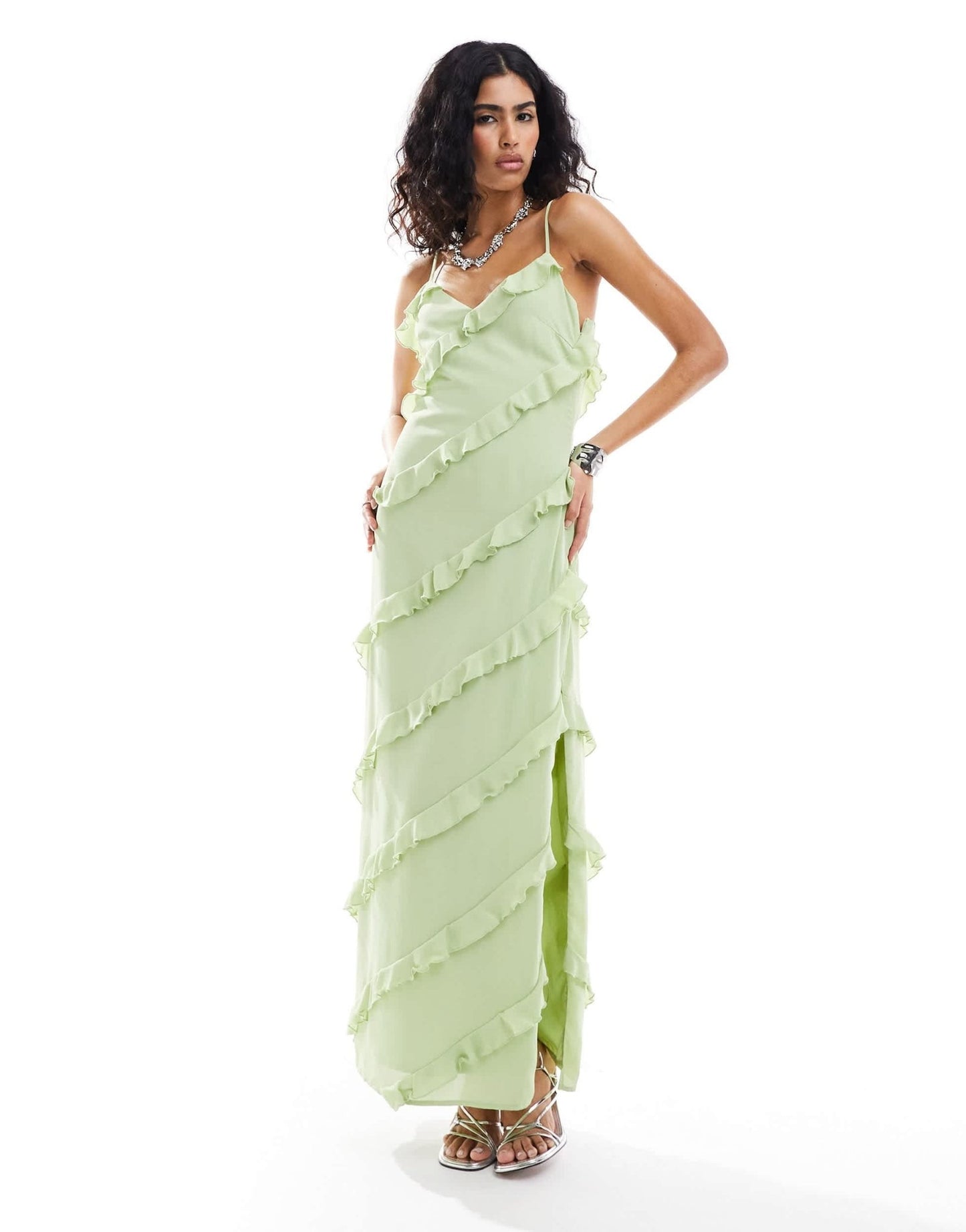 Pretty Lavish asymmetric cami ruffle midaxi dress in pistachio - ASOS Sample Sale EU Store