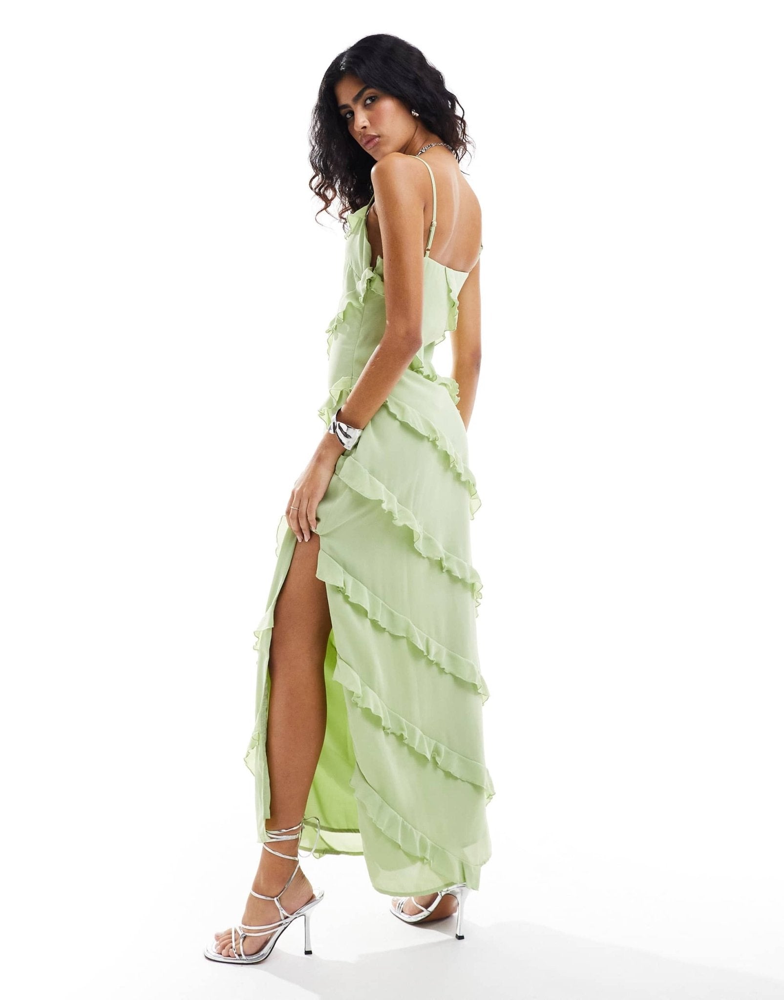Pretty Lavish asymmetric cami ruffle midaxi dress in pistachio - ASOS Sample Sale EU Store