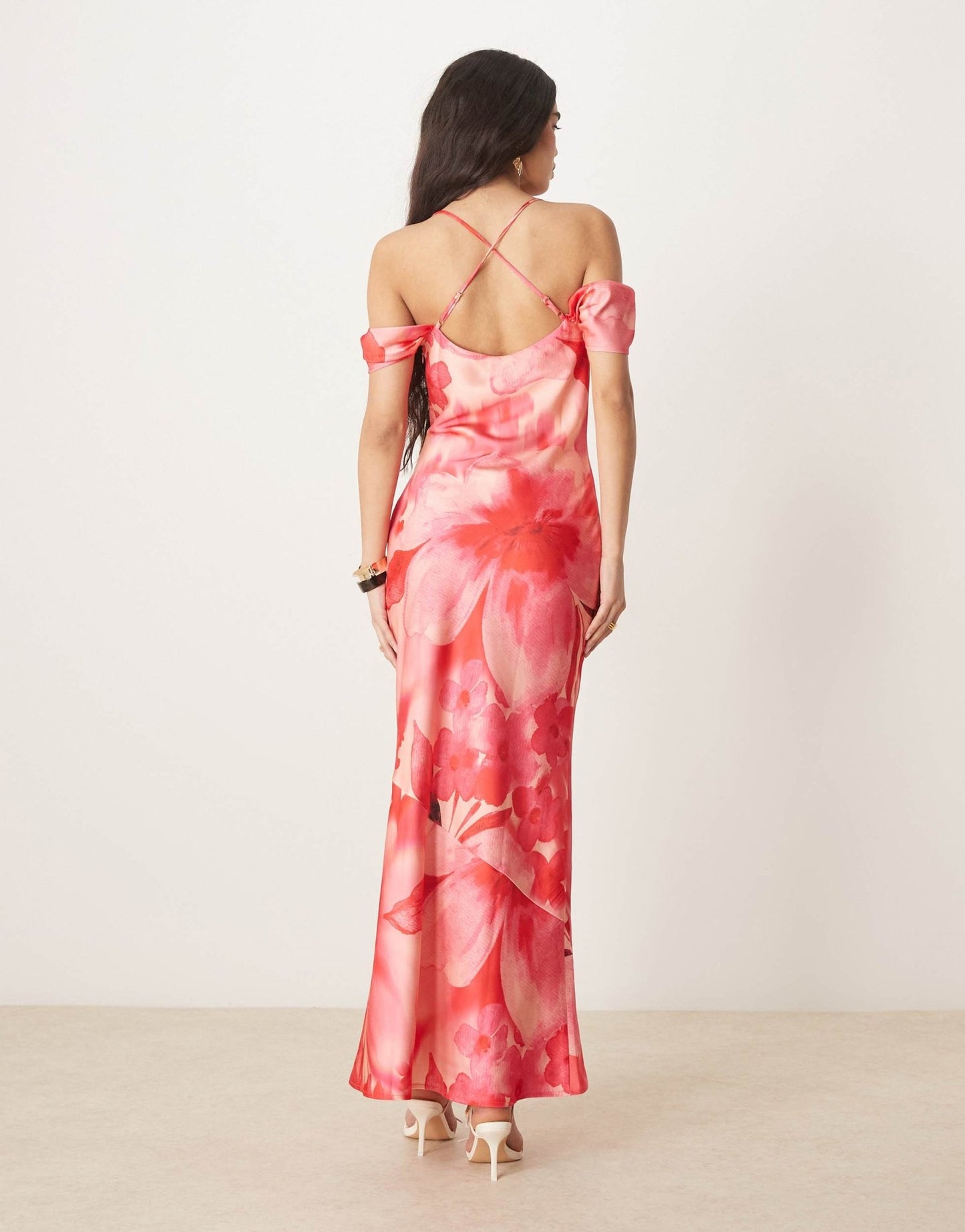 Pretty Lavish asymmetric cold shoulder slip maxi dress in pink and red floral - ASOS Sample Sale EU Store