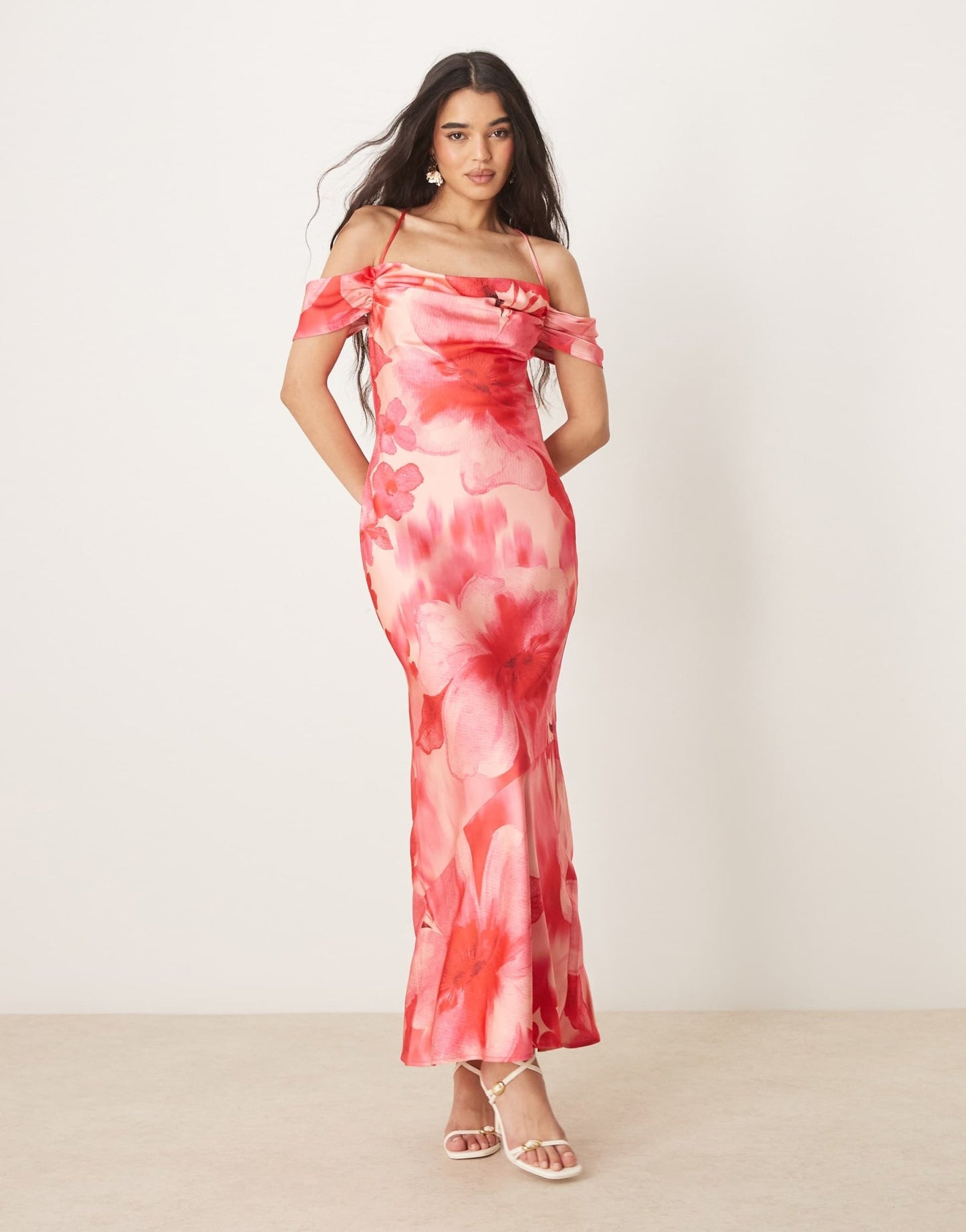 Pretty Lavish asymmetric cold shoulder slip maxi dress in pink and red floral - ASOS Sample Sale EU Store