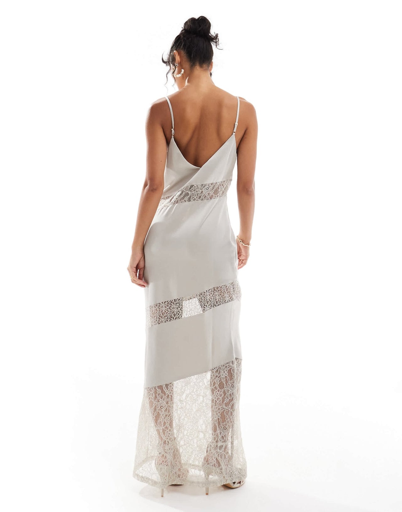 Pretty Lavish asymmetric lace satin maxi dress in stone - ASOS Sample Sale EU Store