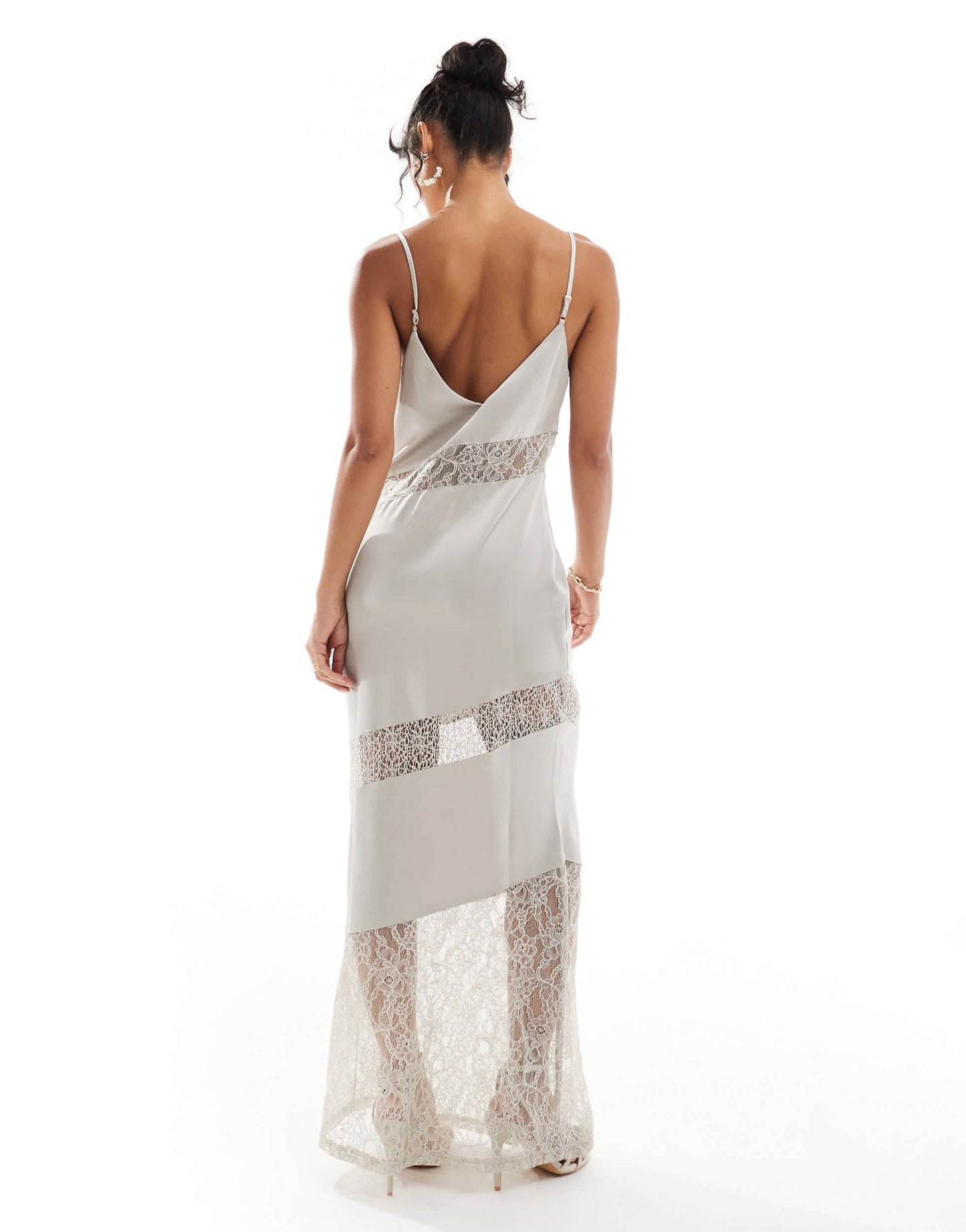 Pretty Lavish asymmetric lace satin maxi dress in stone - ASOS Sample Sale EU Store