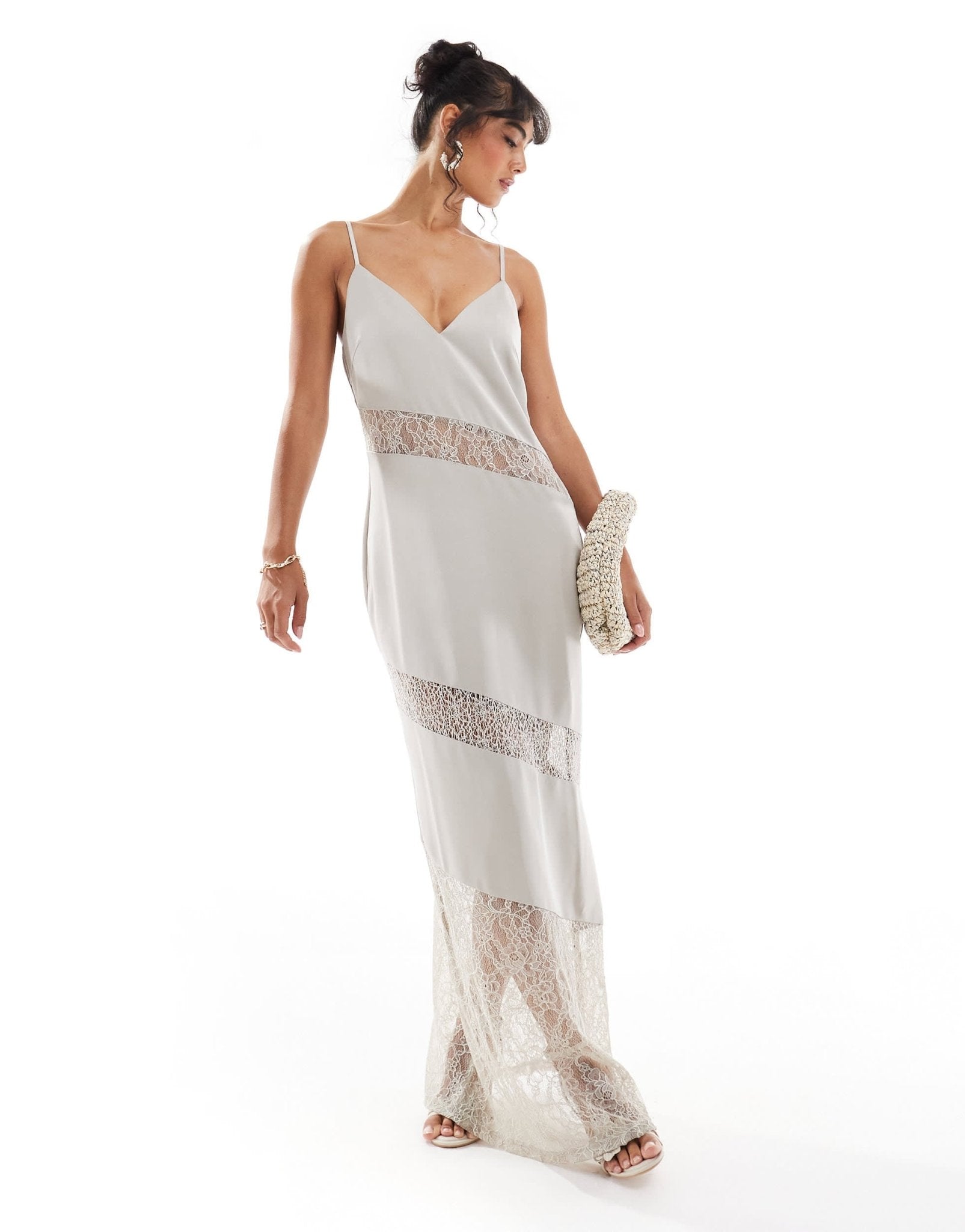 Pretty Lavish asymmetric lace satin maxi dress in stone - ASOS Sample Sale EU Store