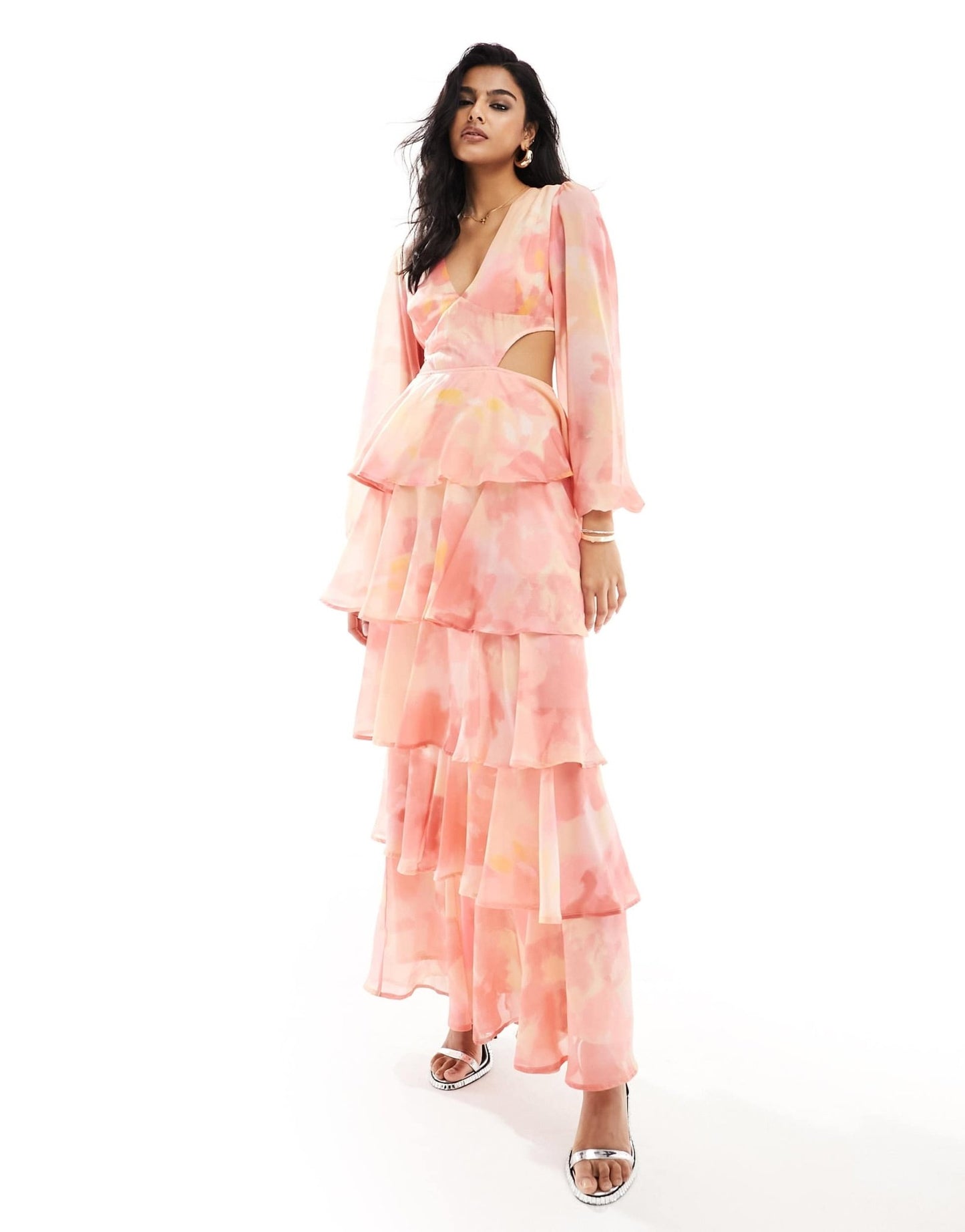 Pretty Lavish balloon sleeve tiered midaxi dress in pink floral - ASOS Sample Sale EU Store