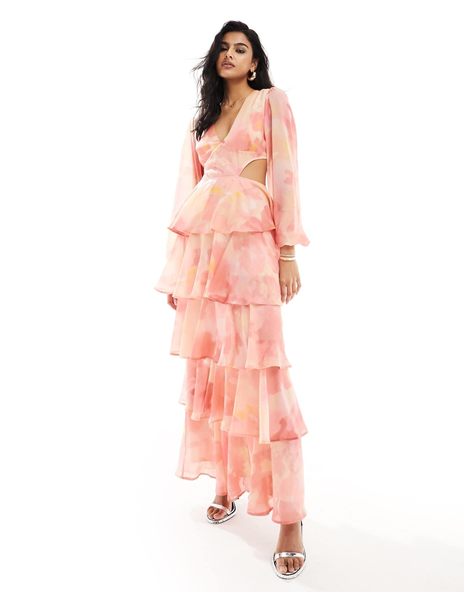 Pretty Lavish balloon sleeve tiered midaxi dress in pink floral - ASOS Sample Sale EU Store