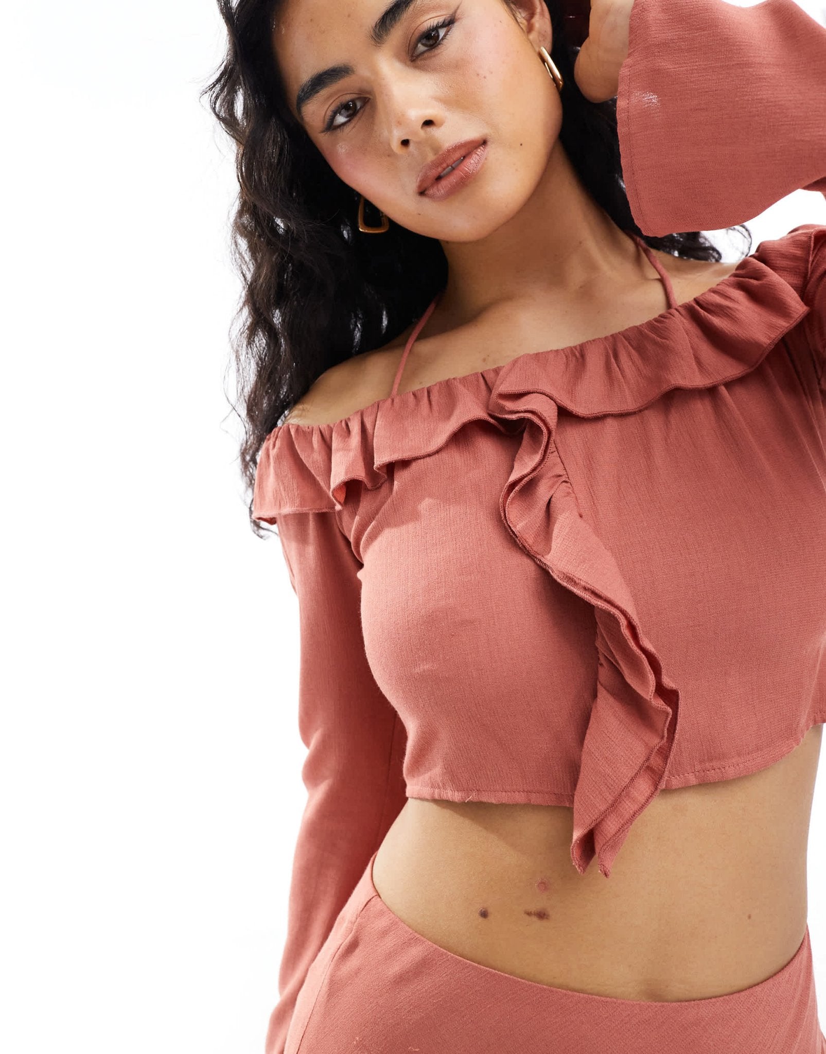 Pretty Lavish bardot ruffle top co - ord in terracotta - ASOS Sample Sale EU Store