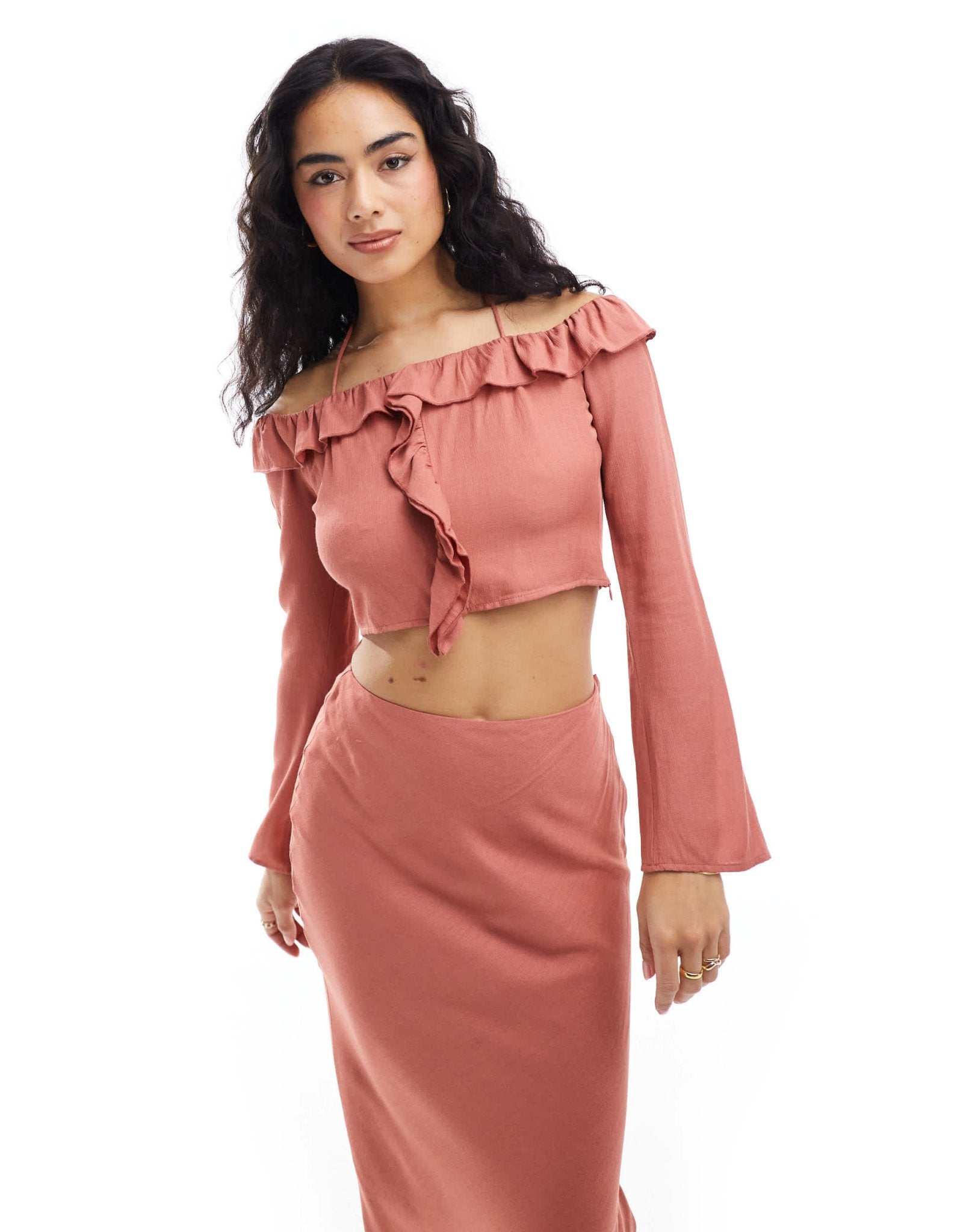 Pretty Lavish bardot ruffle top co - ord in terracotta - ASOS Sample Sale EU Store