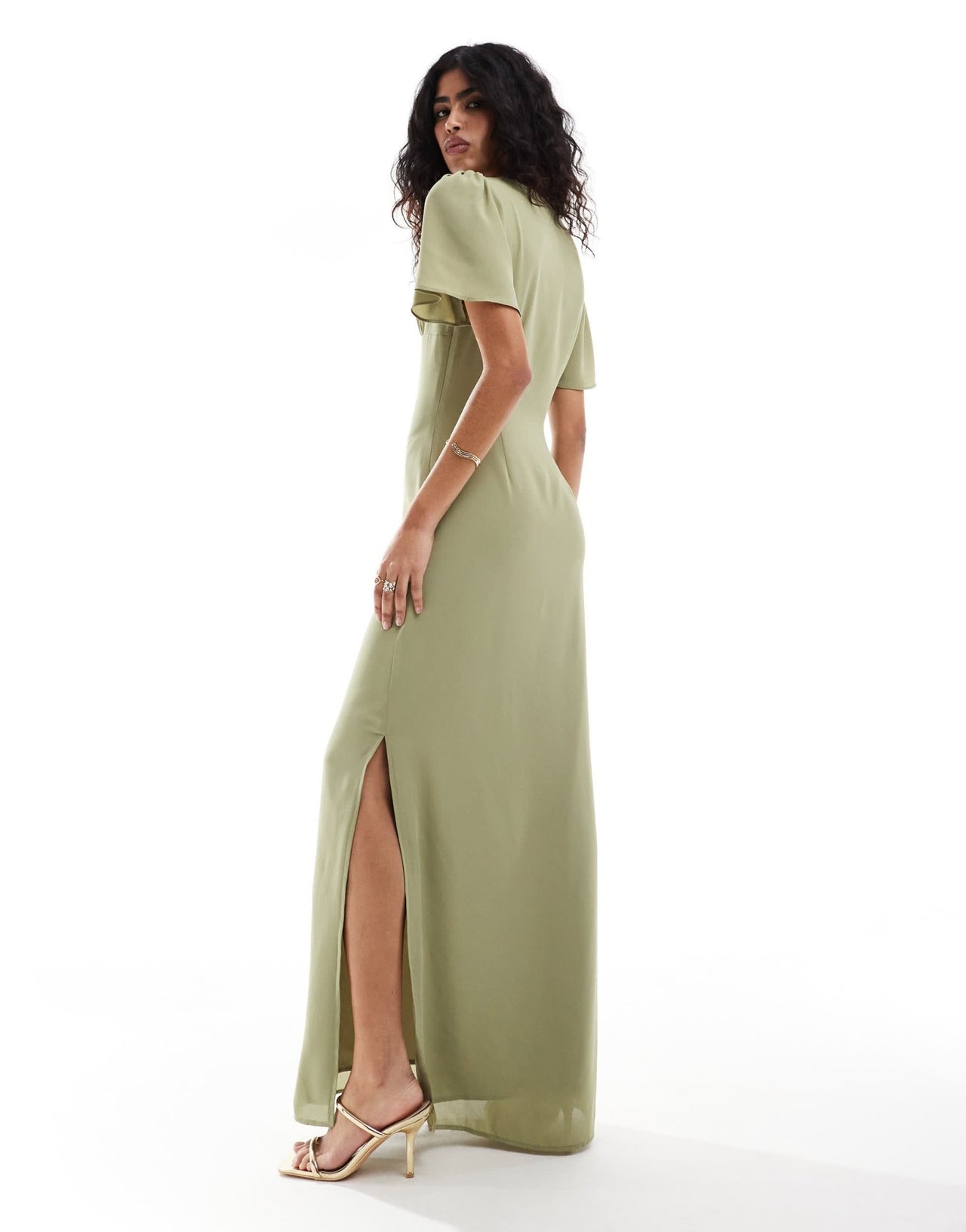 Pretty Lavish Bridesmaid flutter sleeve chiffon maxi dress in olive - ASOS Sample Sale EU Store