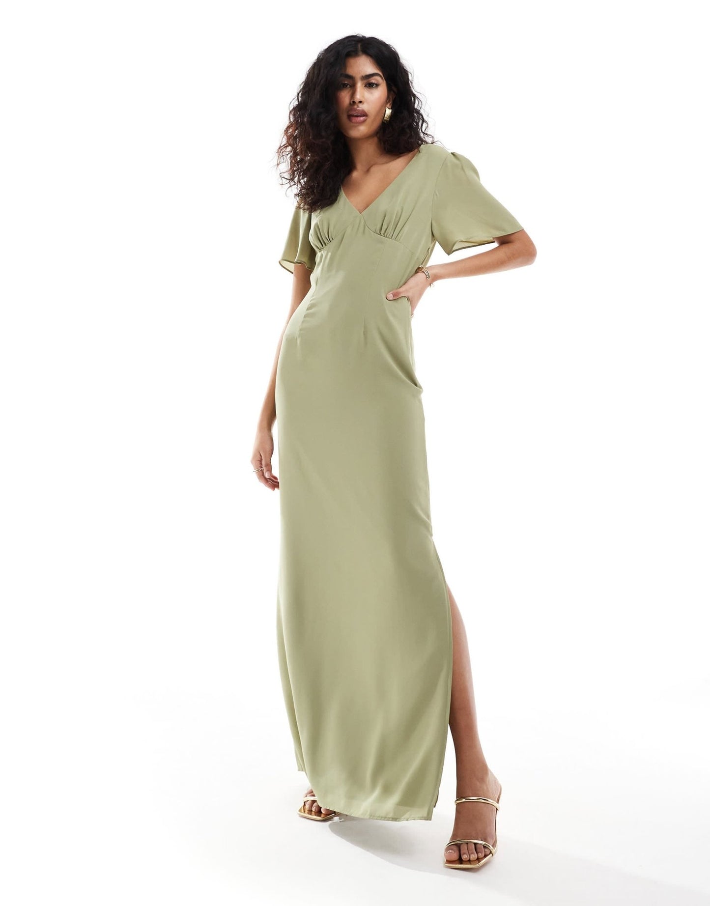 Pretty Lavish Bridesmaid flutter sleeve chiffon maxi dress in olive - ASOS Sample Sale EU Store