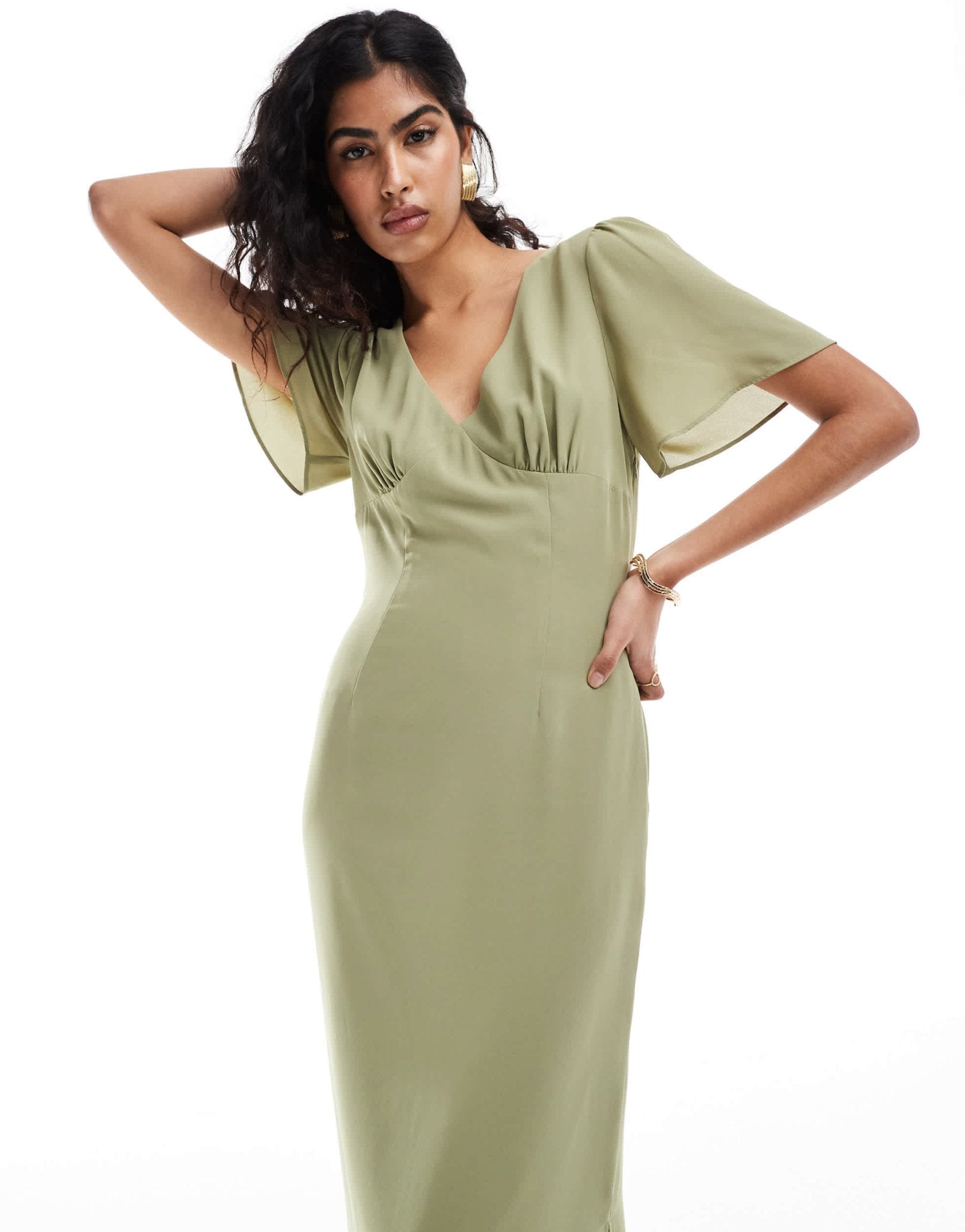 Pretty Lavish Bridesmaid flutter sleeve chiffon maxi dress in olive - ASOS Sample Sale EU Store