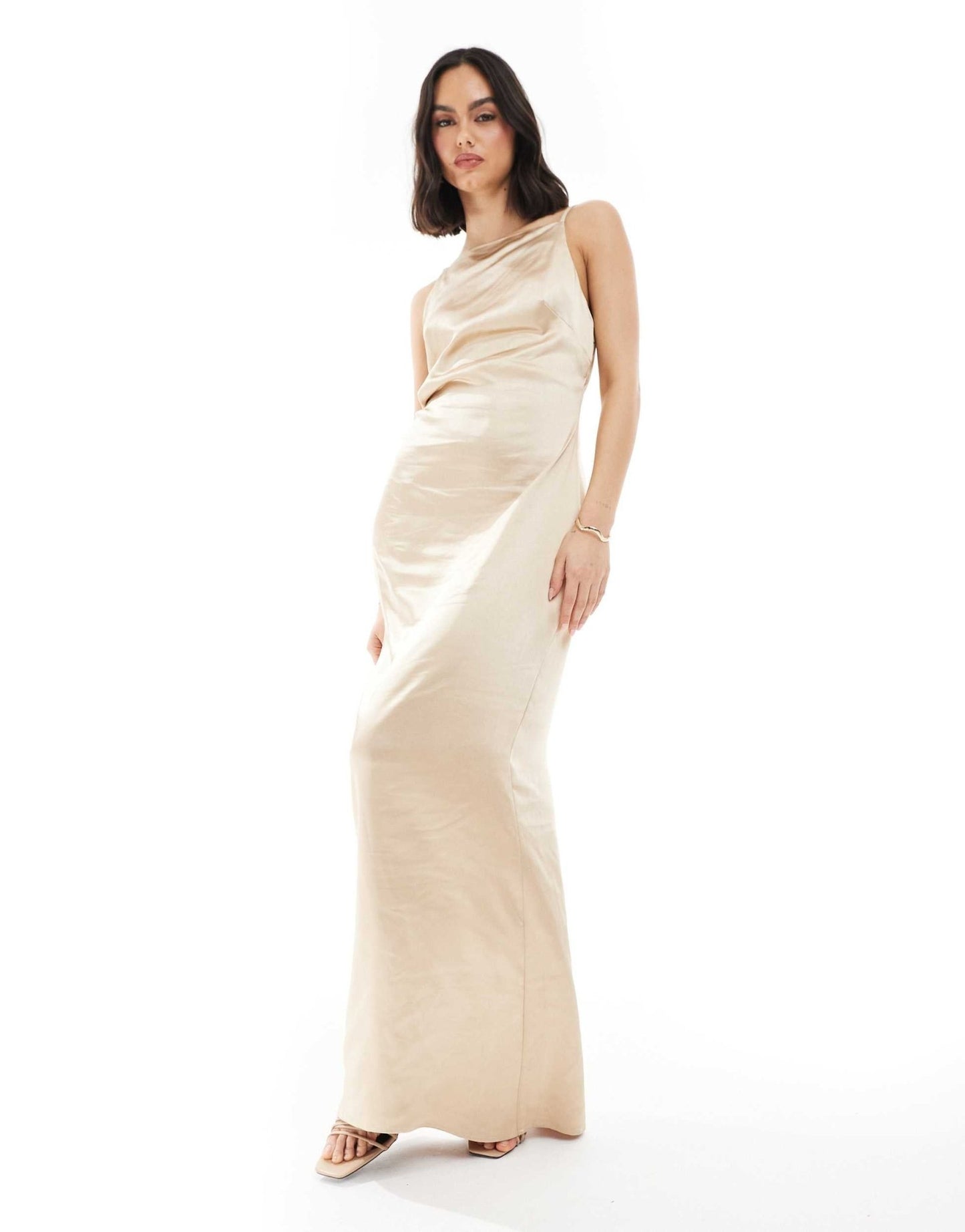 Pretty Lavish Bridesmaid satin boat neck maxi dress in matte gold - ASOS Sample Sale EU Store