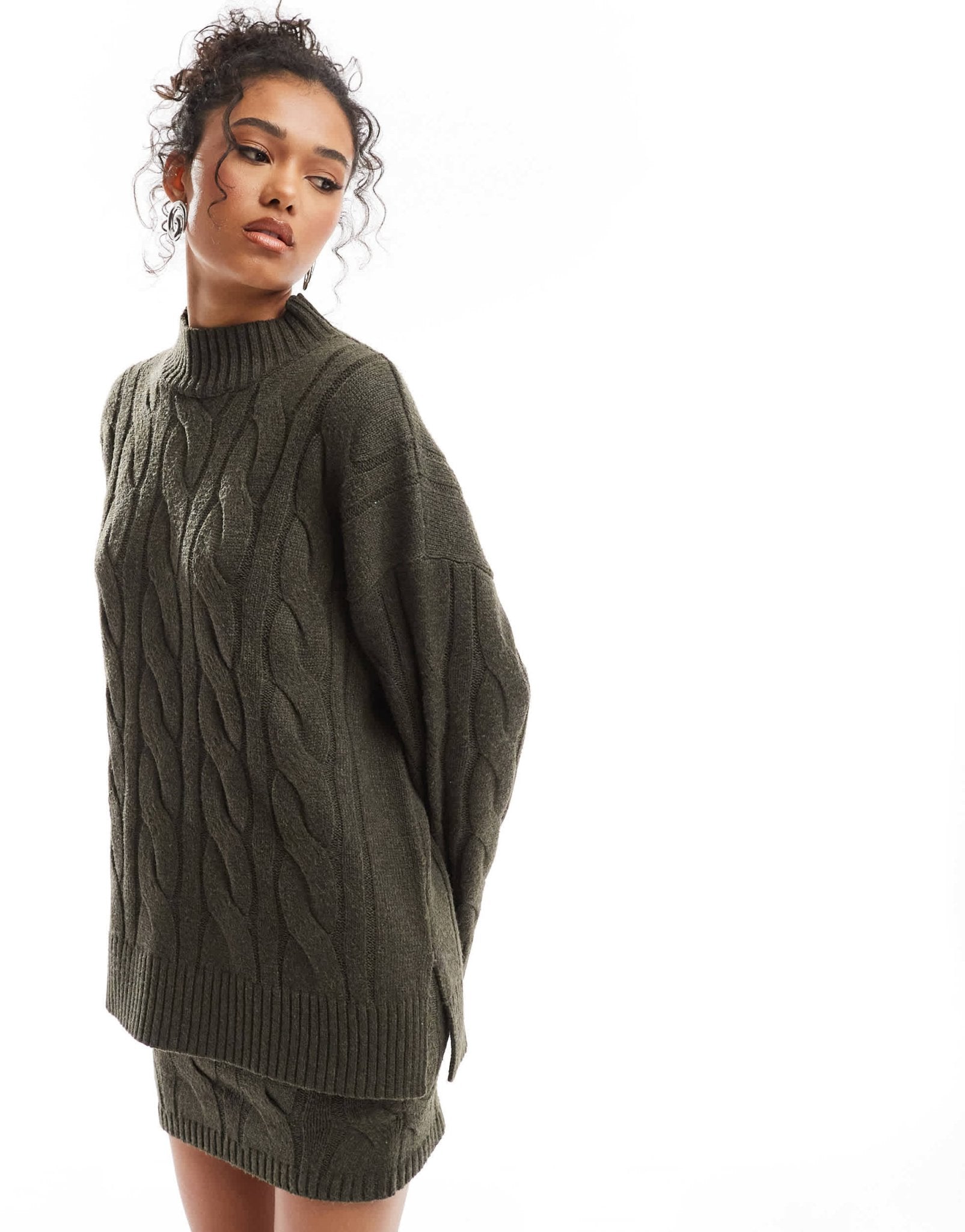 Pretty Lavish cable knit roll neck jumper co - ord in olive - ASOS Sample Sale EU Store