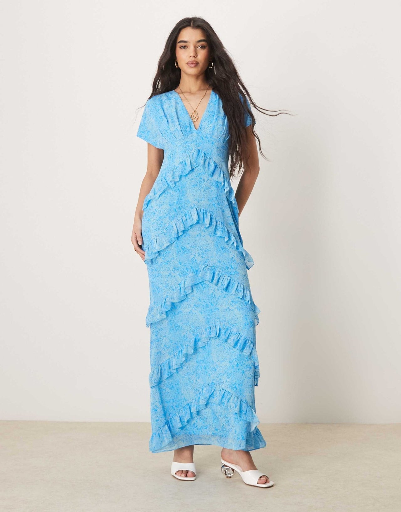 Pretty Lavish chiffon ruffle maxi dress in abstract blue floral - ASOS Sample Sale EU Store