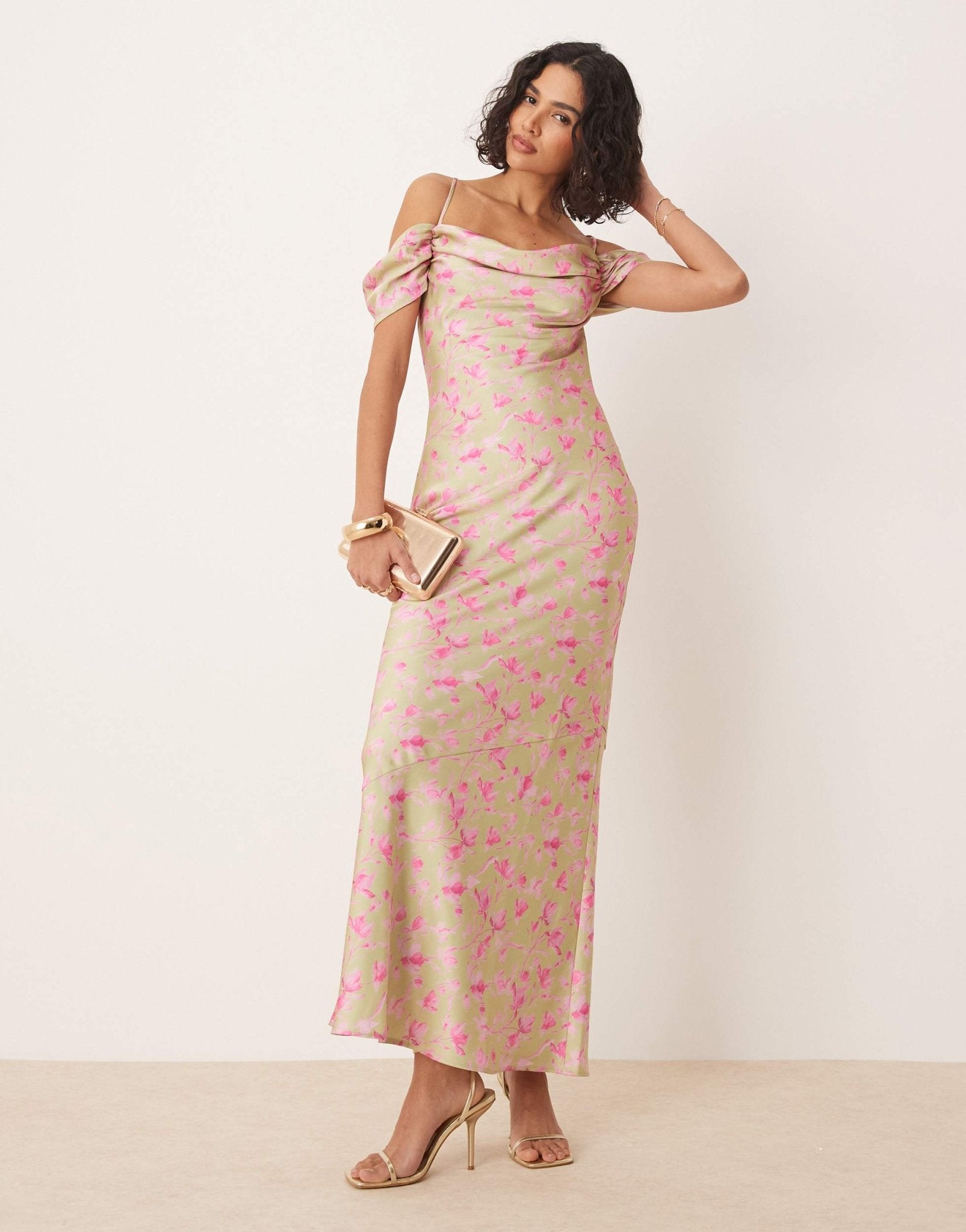 Pretty Lavish cowl neck slip maxi dress in olive and fuchsia floral - ASOS Sample Sale EU Store