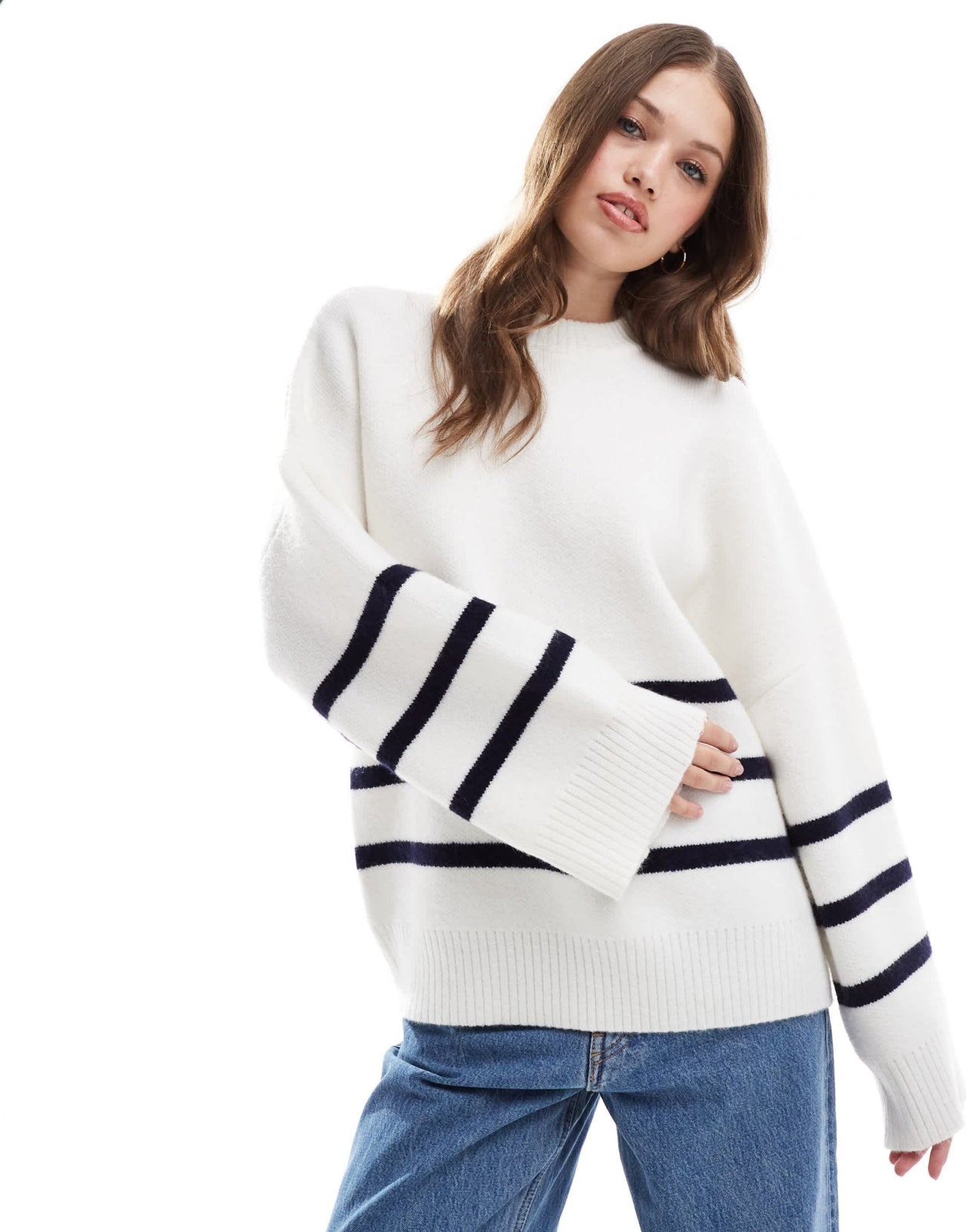 Pretty Lavish crew neck stripe knit jumper in white - ASOS Sample Sale EU Store