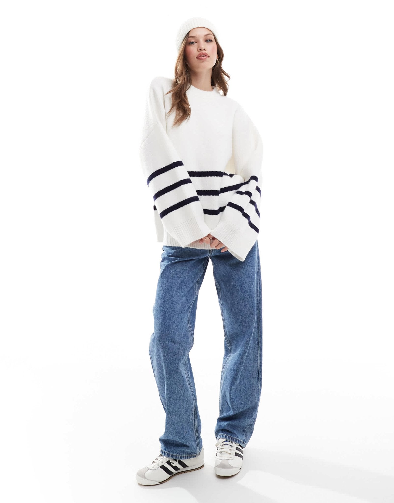 Pretty Lavish crew neck stripe knit jumper in white - ASOS Sample Sale EU Store
