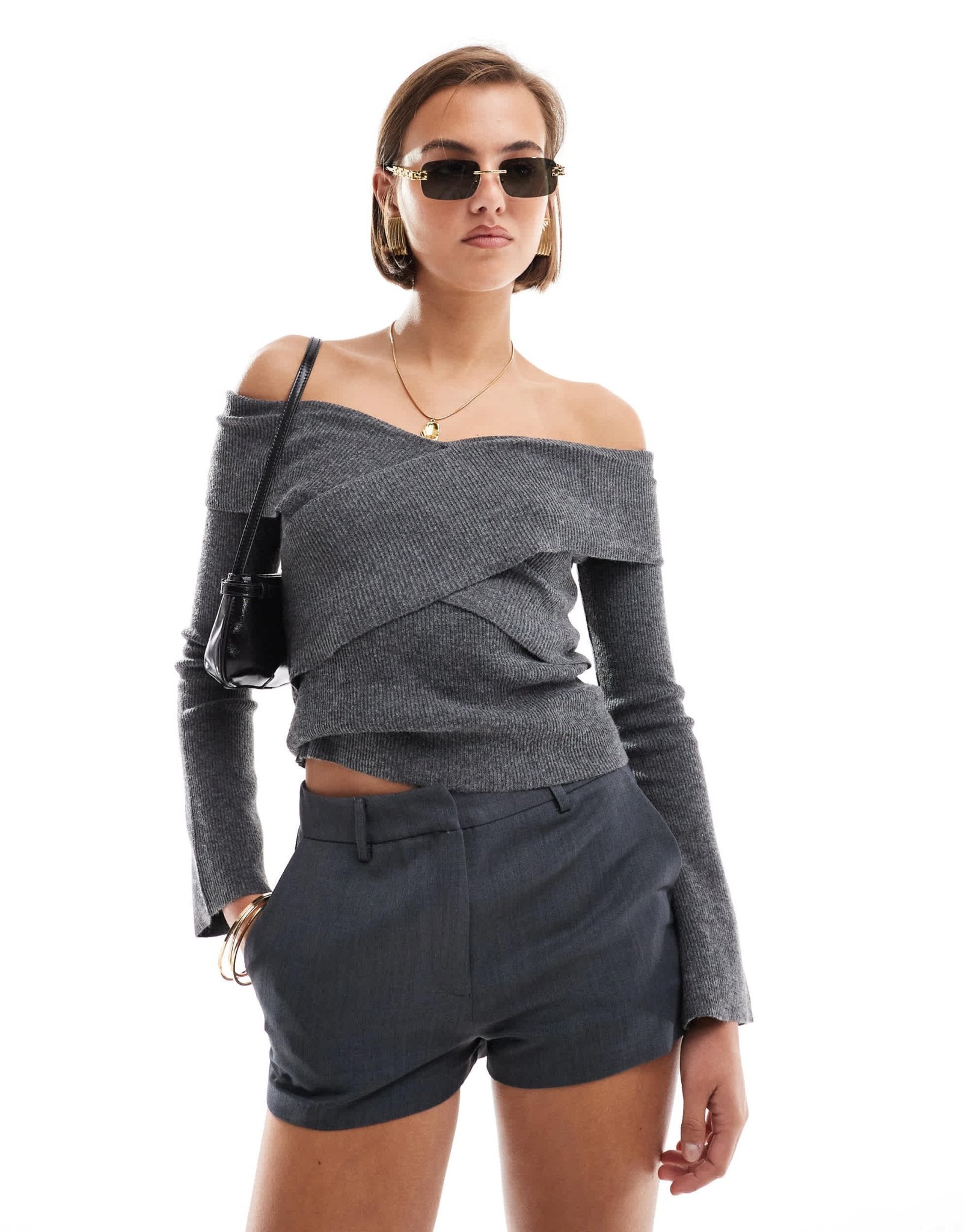 Pretty Lavish cross over knit top in dark grey - ASOS Sample Sale EU Store
