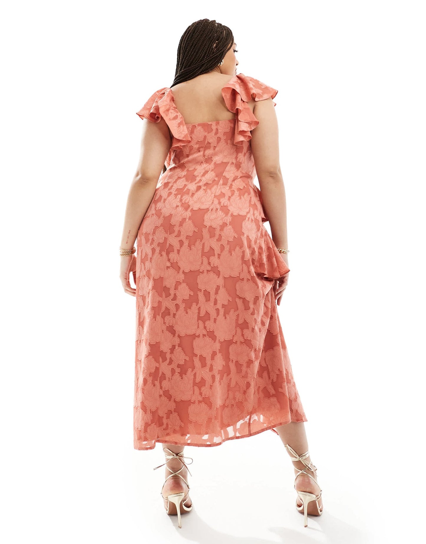 Pretty Lavish Curve jacquard floral ruffle midaxi dress in terracotta - ASOS Sample Sale EU Store