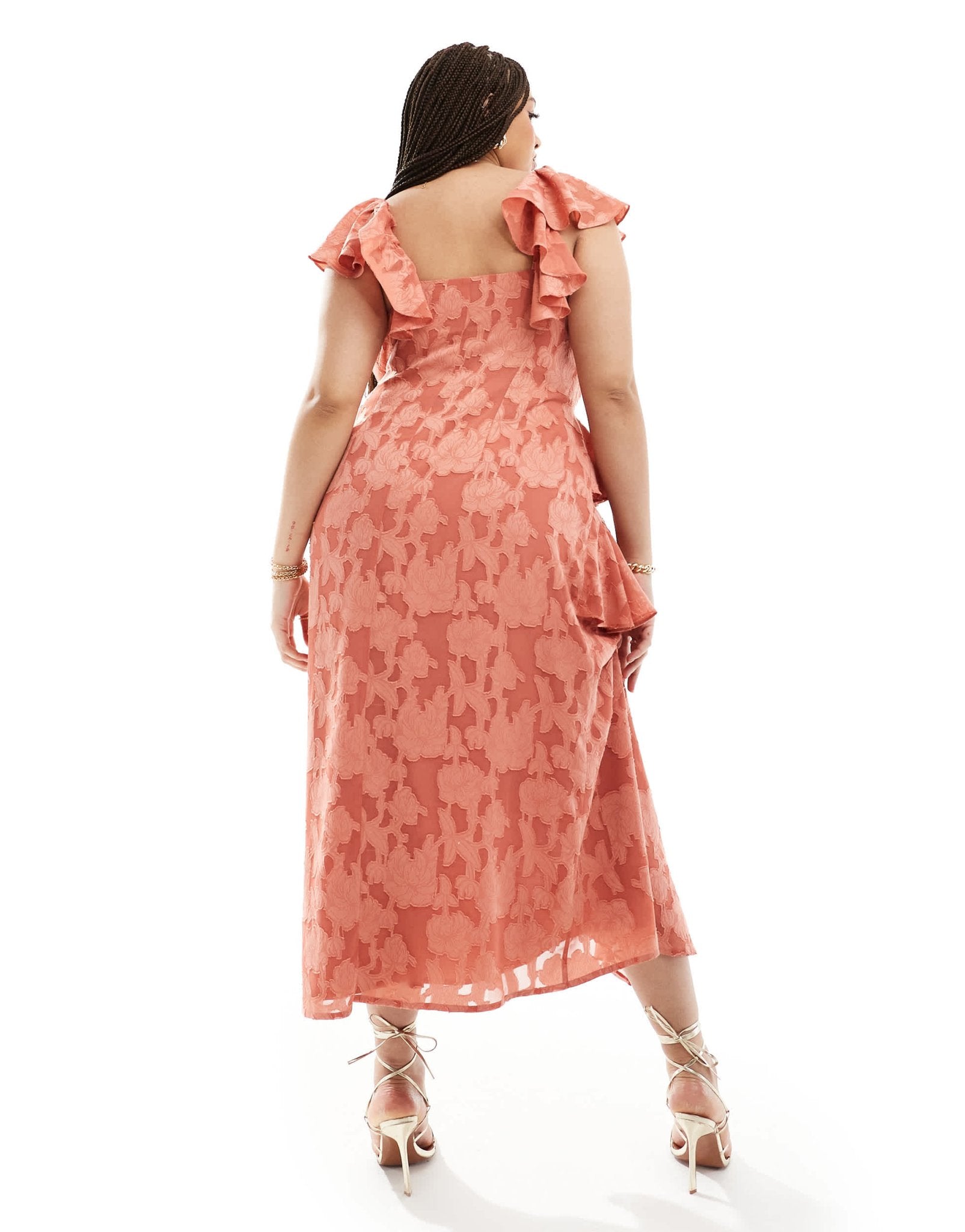 Pretty Lavish Curve jacquard floral ruffle midaxi dress in terracotta - ASOS Sample Sale EU Store
