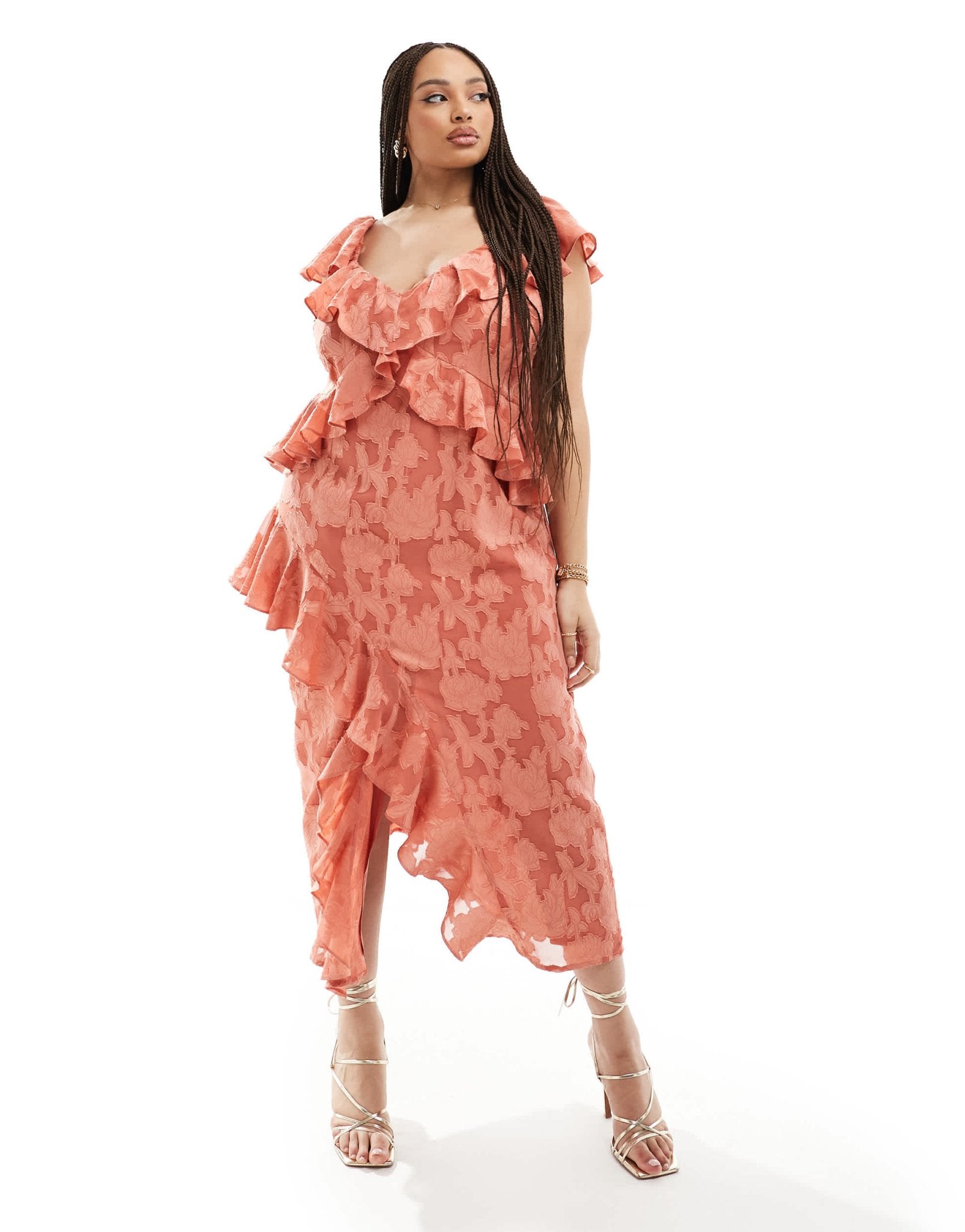 Pretty Lavish Curve jacquard floral ruffle midaxi dress in terracotta - ASOS Sample Sale EU Store