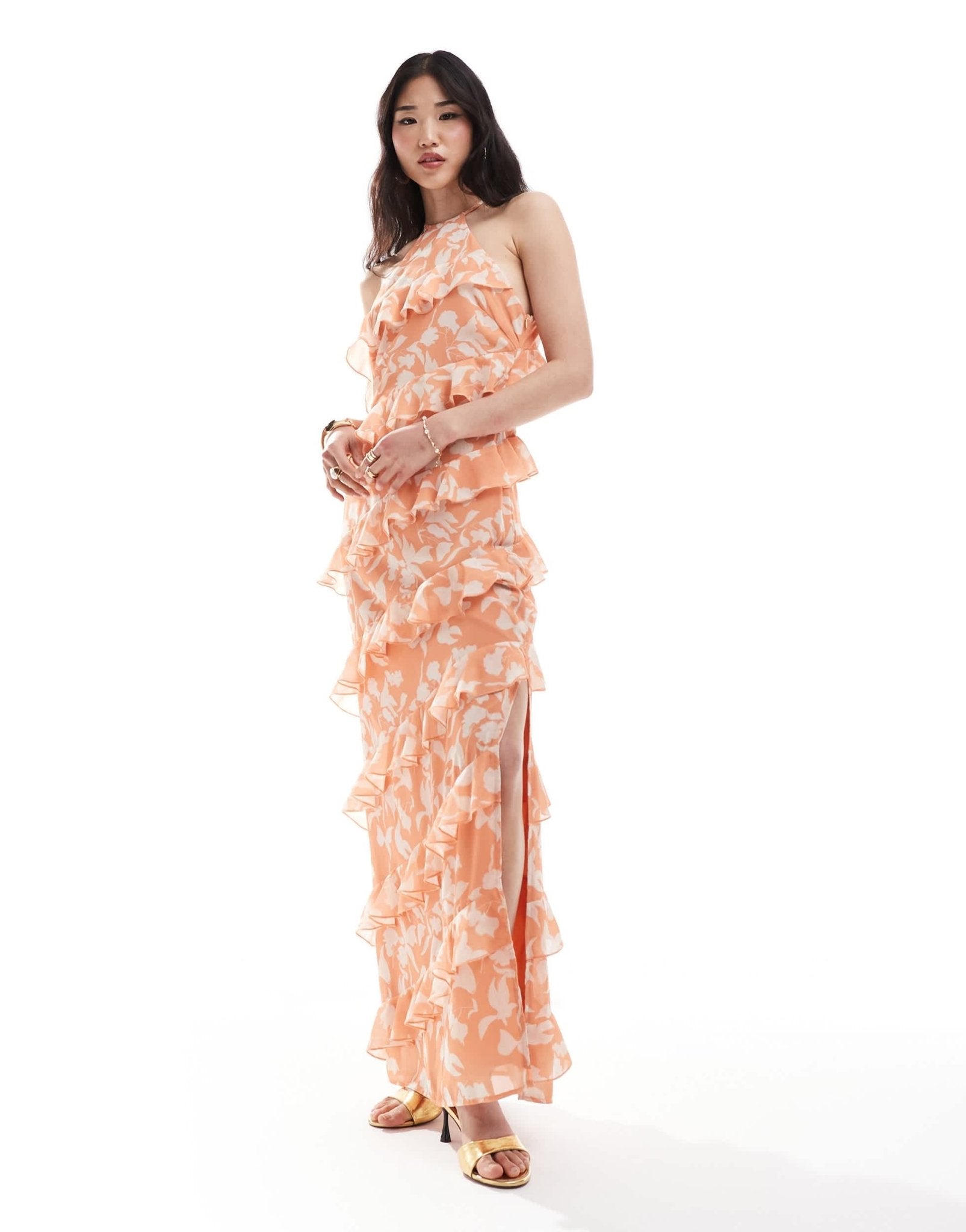 Pretty Lavish halterneck ruffle maxi dress in terracotta floral - ASOS Sample Sale EU Store