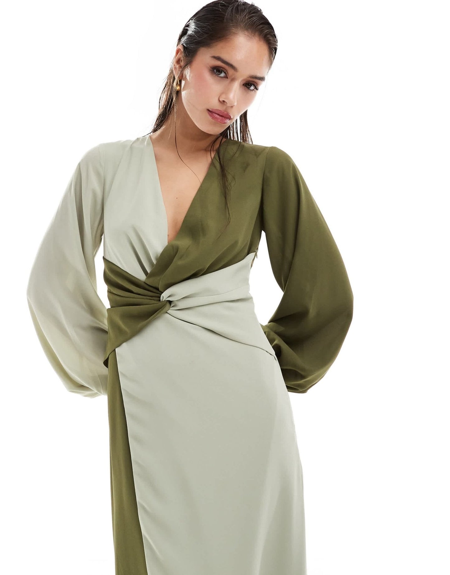 Pretty Lavish knot front contrast midi dress in olive and sage - ASOS Sample Sale EU Store