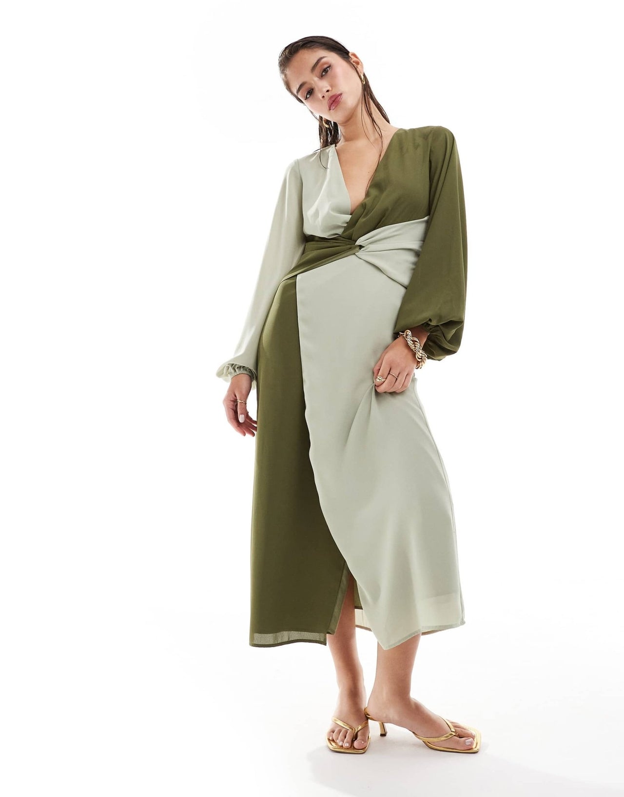 Pretty Lavish knot front contrast midi dress in olive and sage - ASOS Sample Sale EU Store