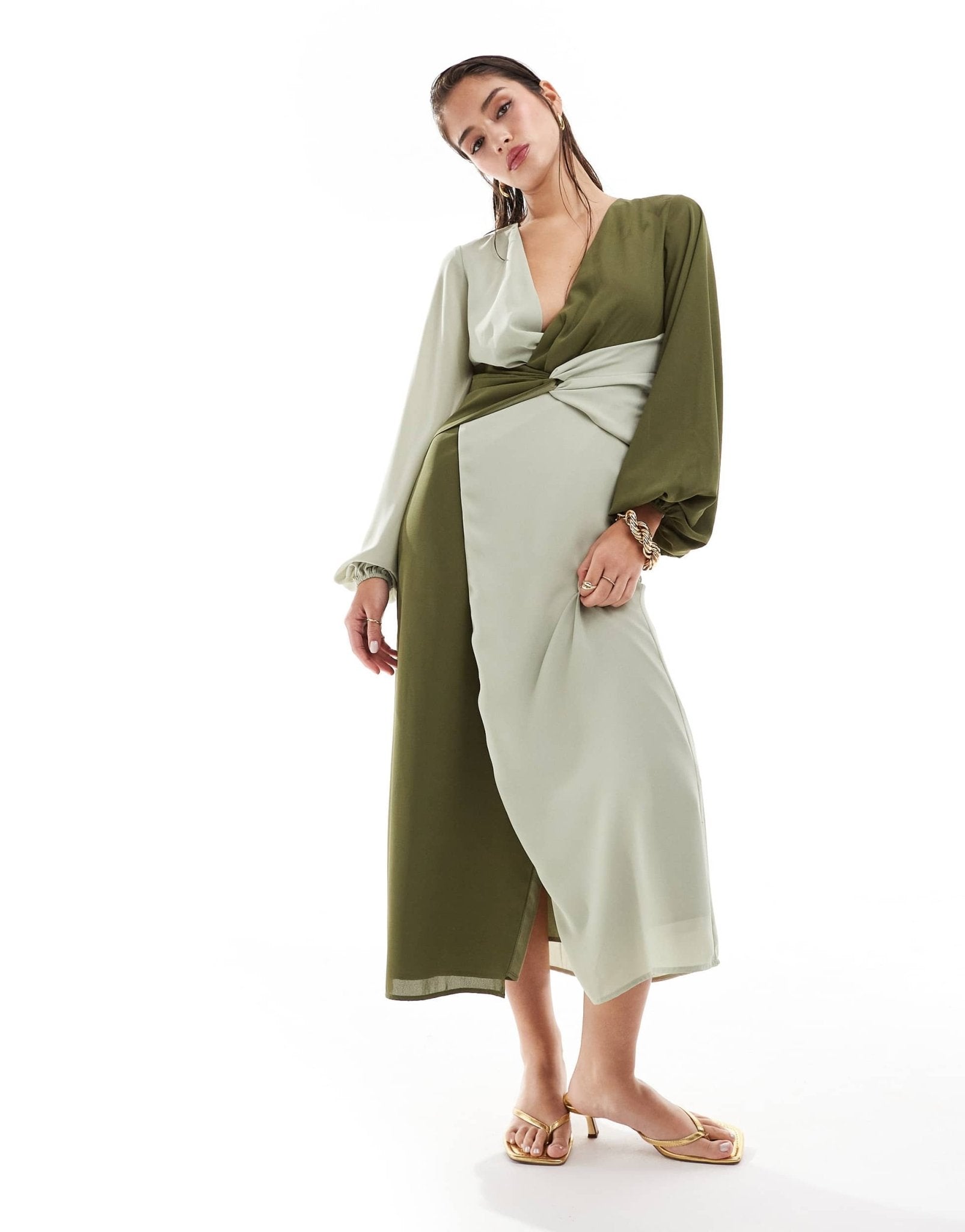 Pretty Lavish knot front contrast midi dress in olive and sage - ASOS Sample Sale EU Store