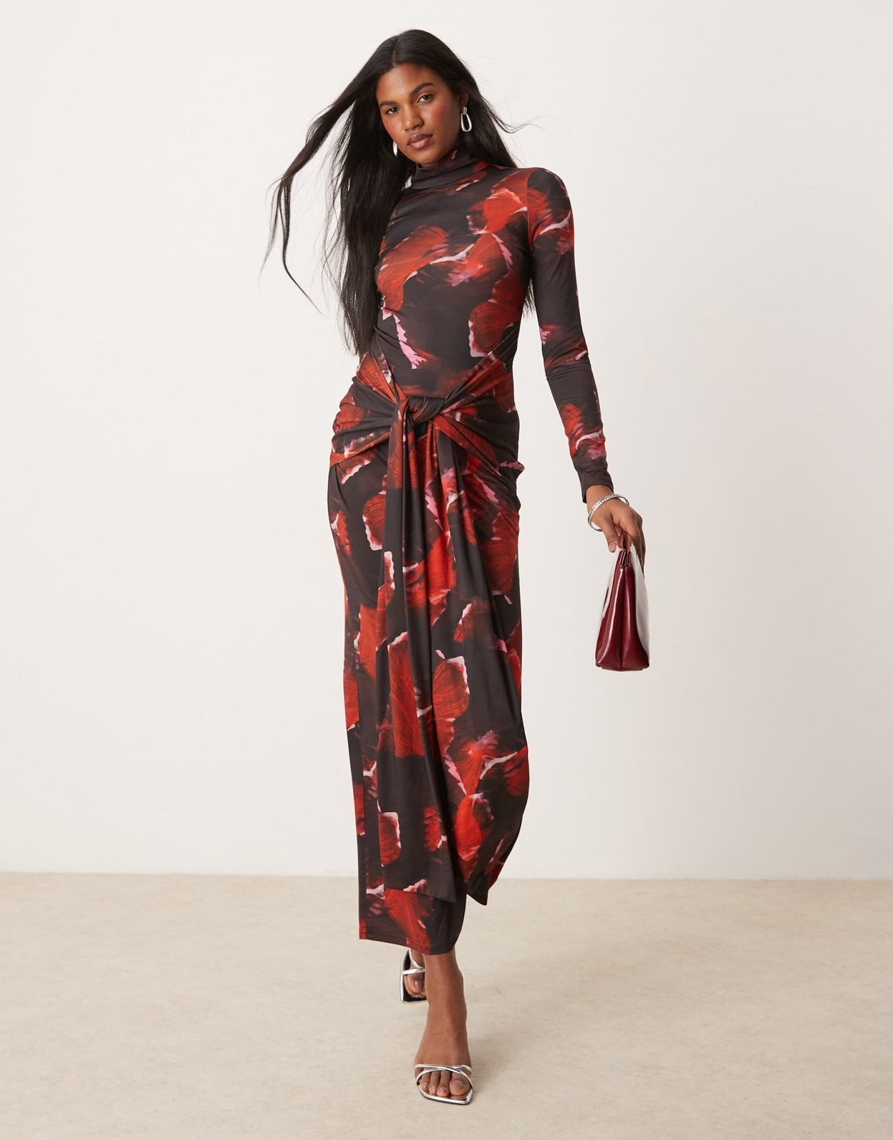 Pretty Lavish tie waist roll neck maxi dress in red abstract print - ASOS Sample Sale EU Store