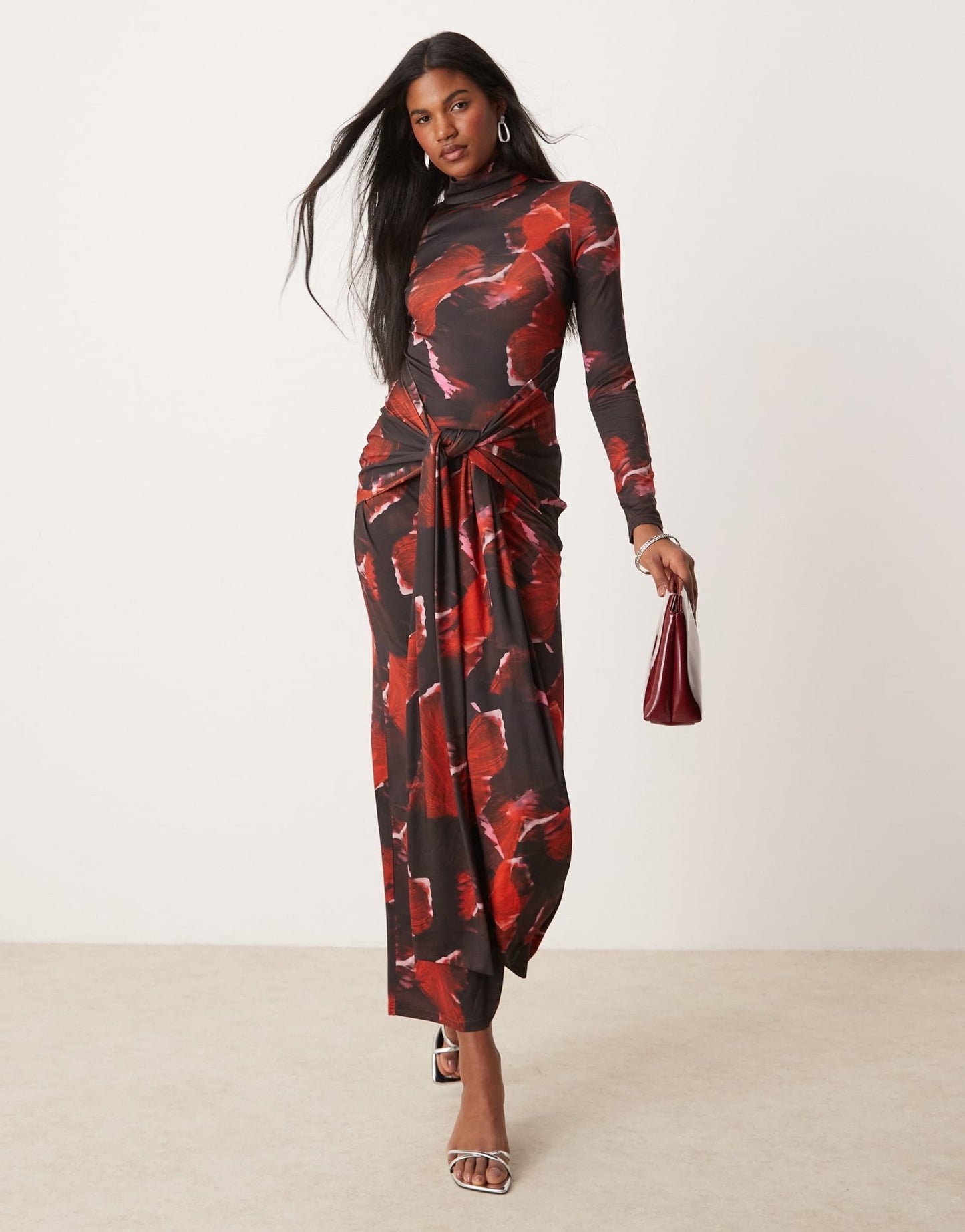 Pretty Lavish tie waist roll neck maxi dress in red abstract print - ASOS Sample Sale EU Store