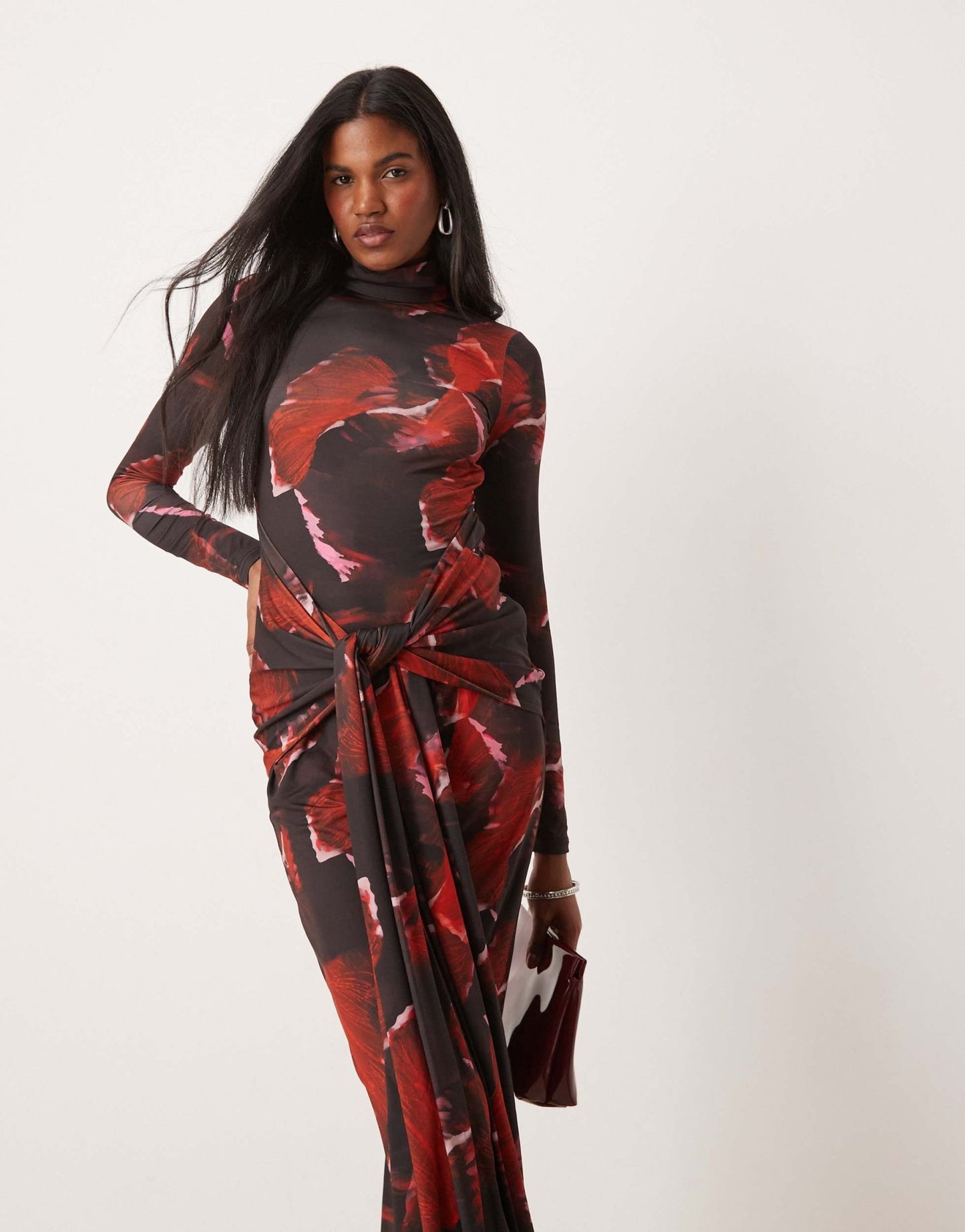 Pretty Lavish tie waist roll neck maxi dress in red abstract print - ASOS Sample Sale EU Store
