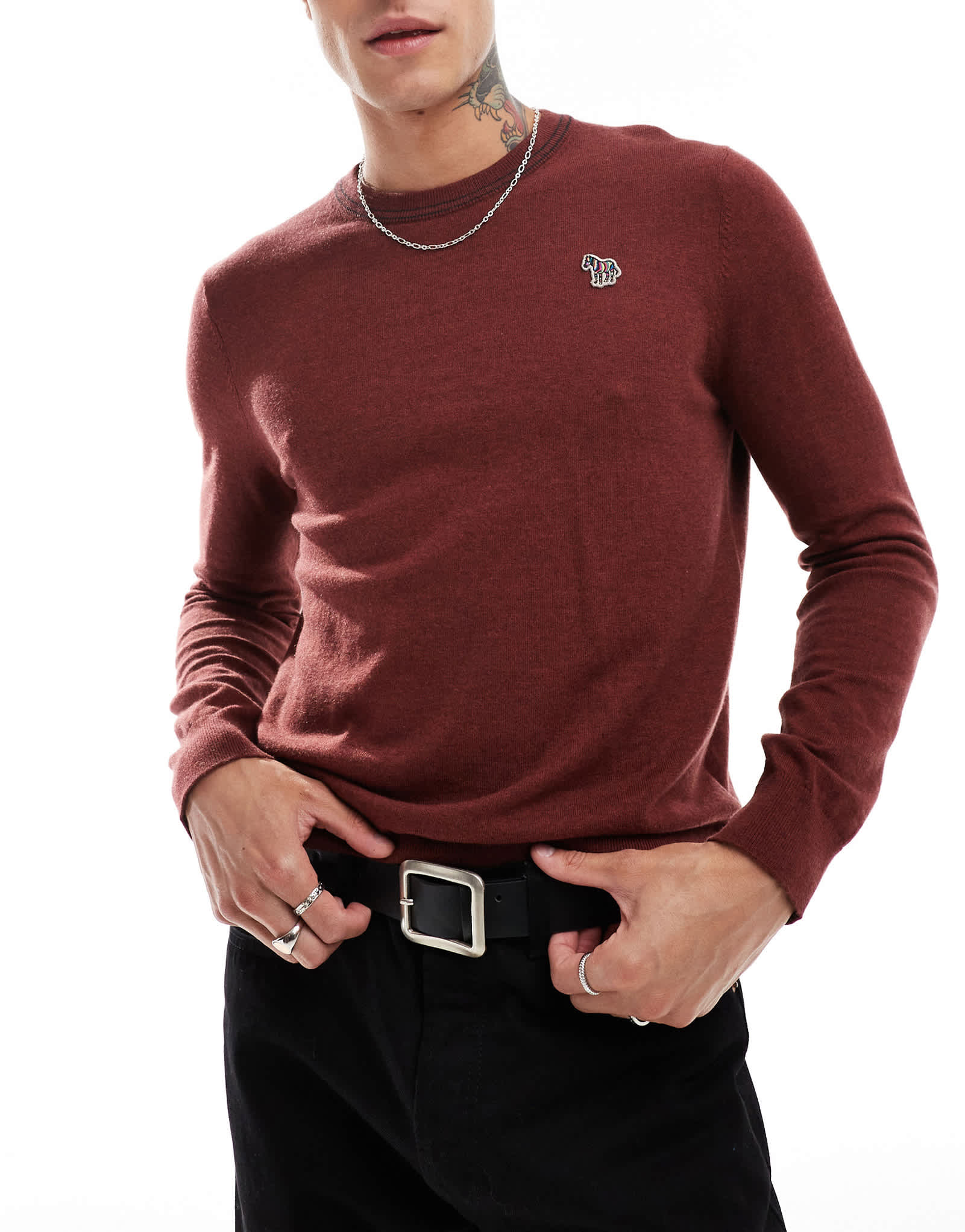 PS Paul Smith zebra logo tipped neck knit jumper in burgundy - ASOS Sample Sale EU Store