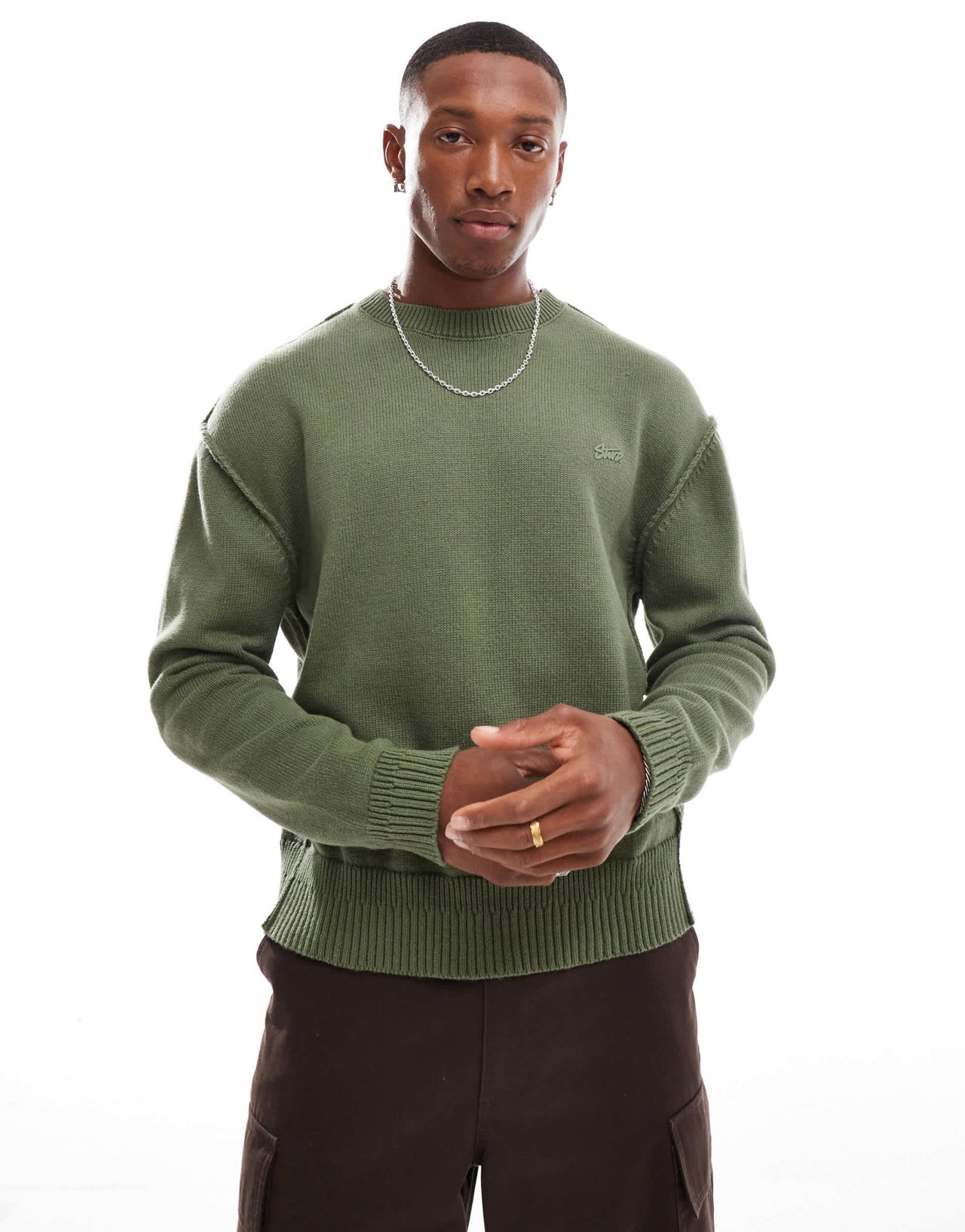 Pull&Bear knitted exposed seam jumper in khaki - ASOS Sample Sale EU Store