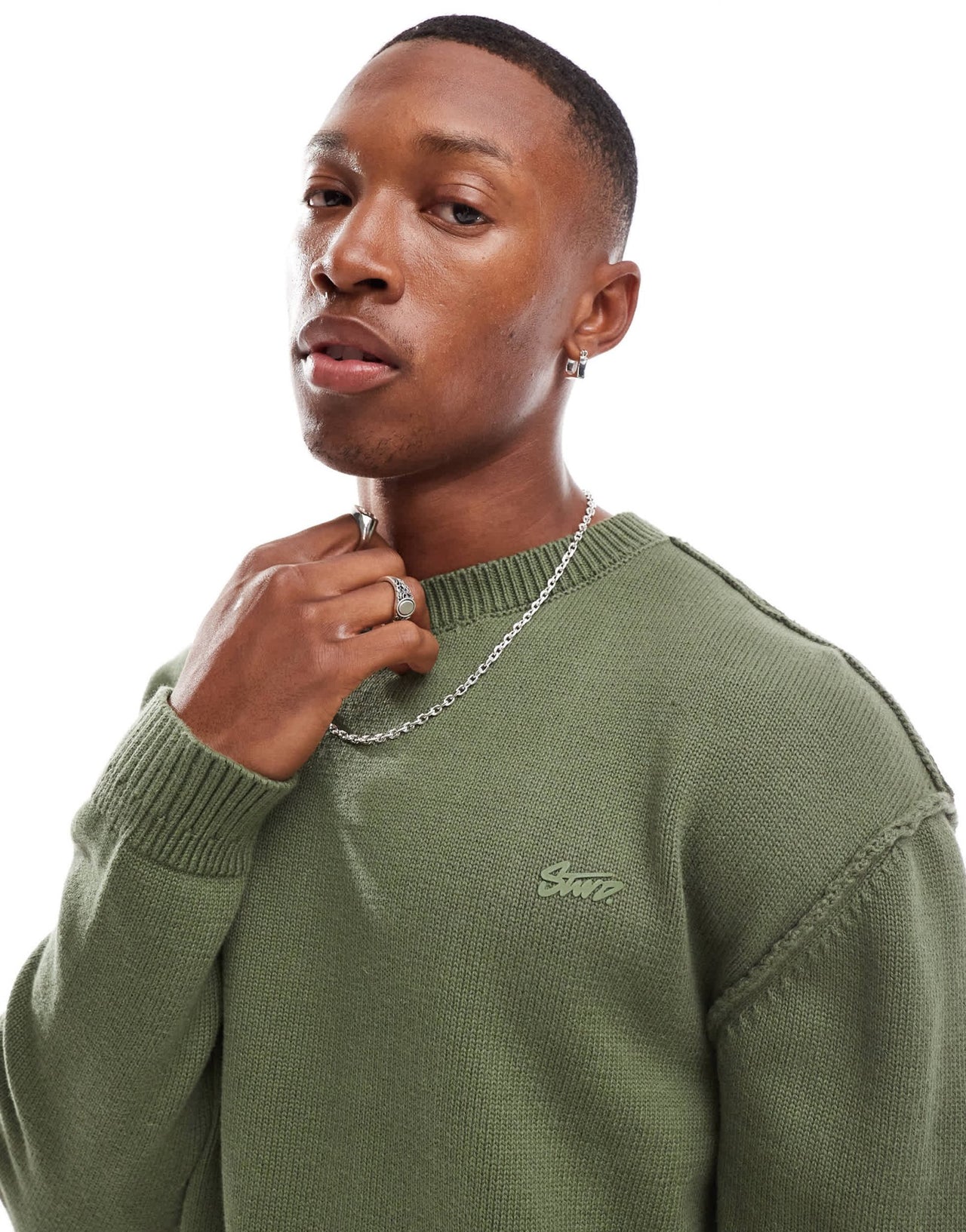 Pull&Bear knitted exposed seam jumper in khaki - ASOS Sample Sale EU Store