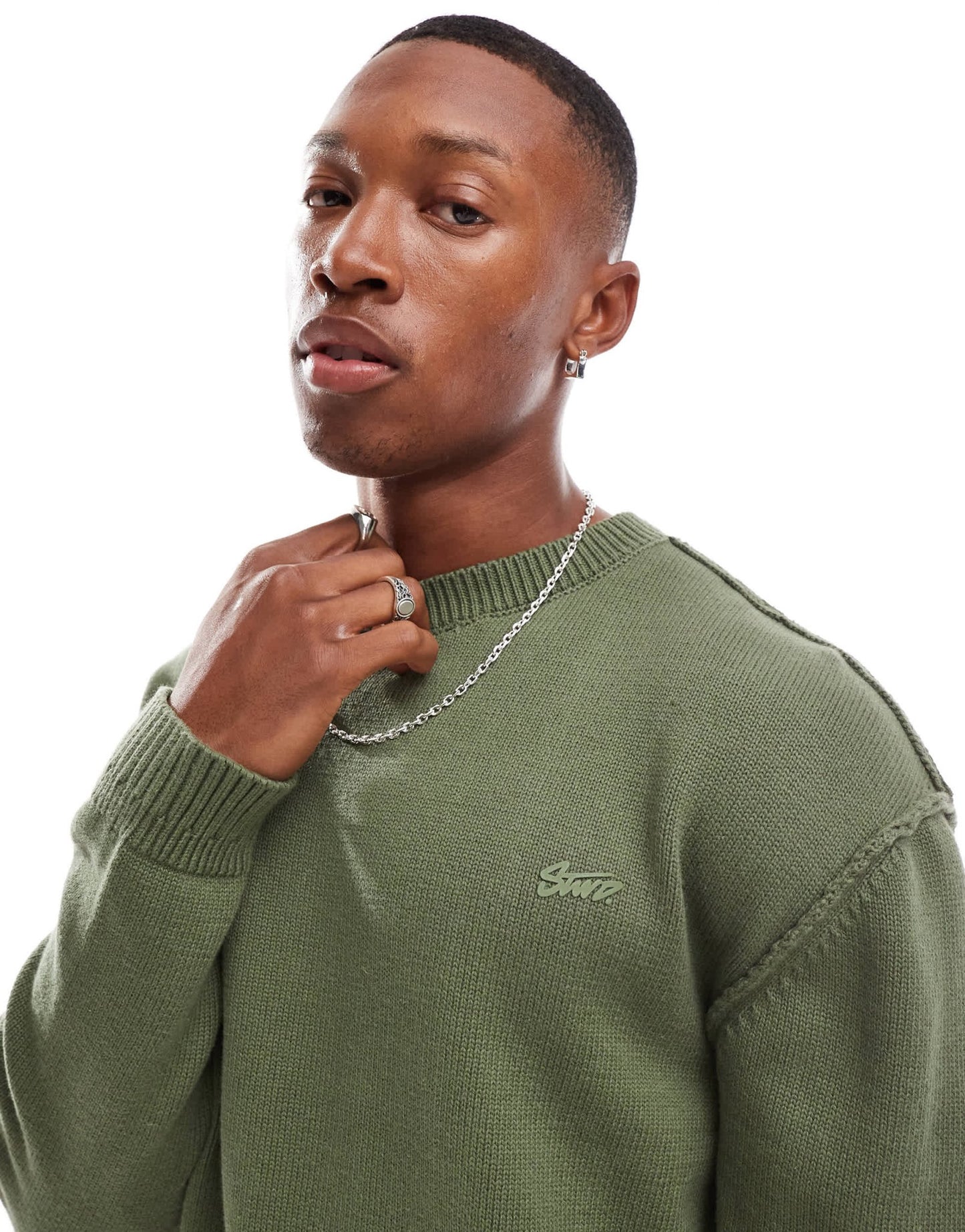 Pull&Bear knitted exposed seam jumper in khaki - ASOS Sample Sale EU Store