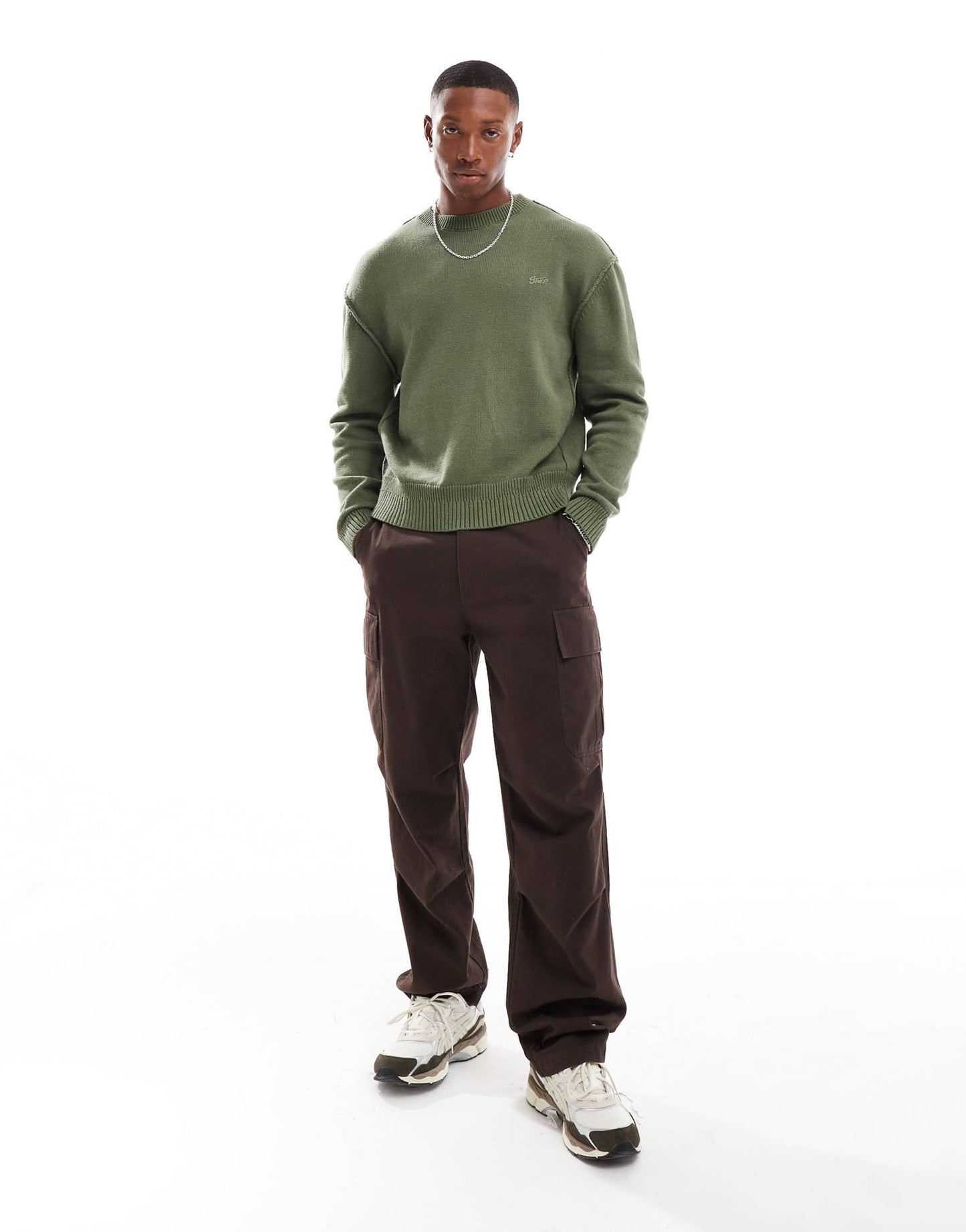 Pull&Bear knitted exposed seam jumper in khaki - ASOS Sample Sale EU Store