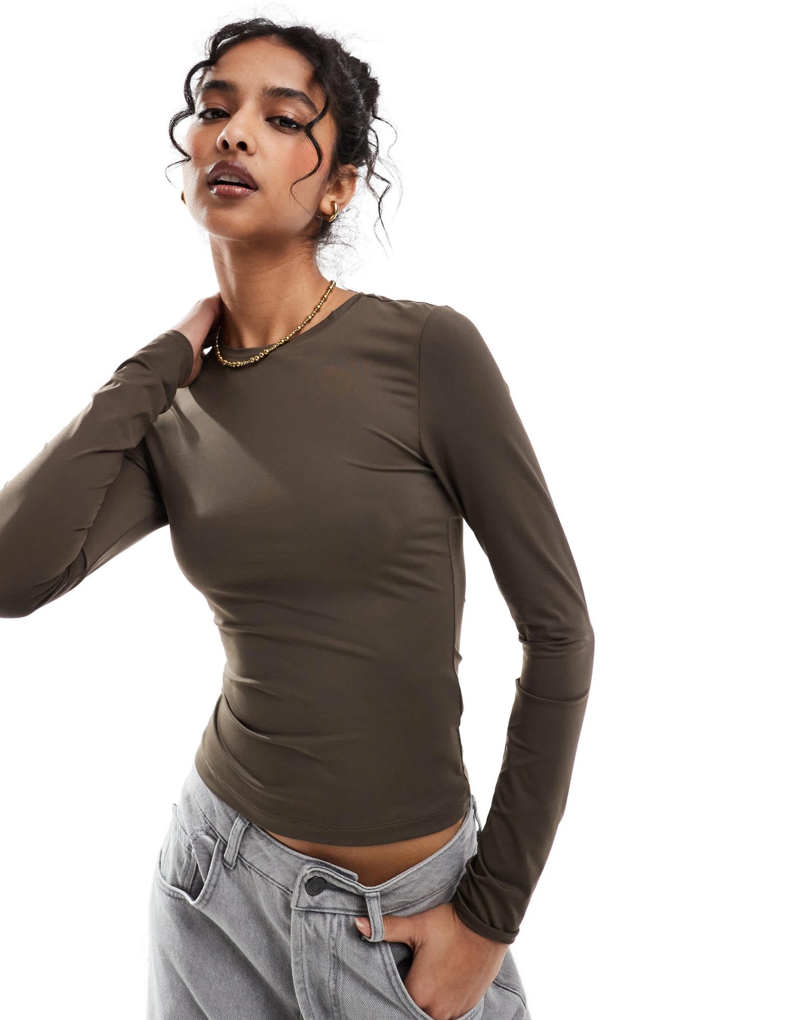 Pull&Bear polyamide sculpt long sleeved top in chocolate brown - ASOS Sample Sale EU Store