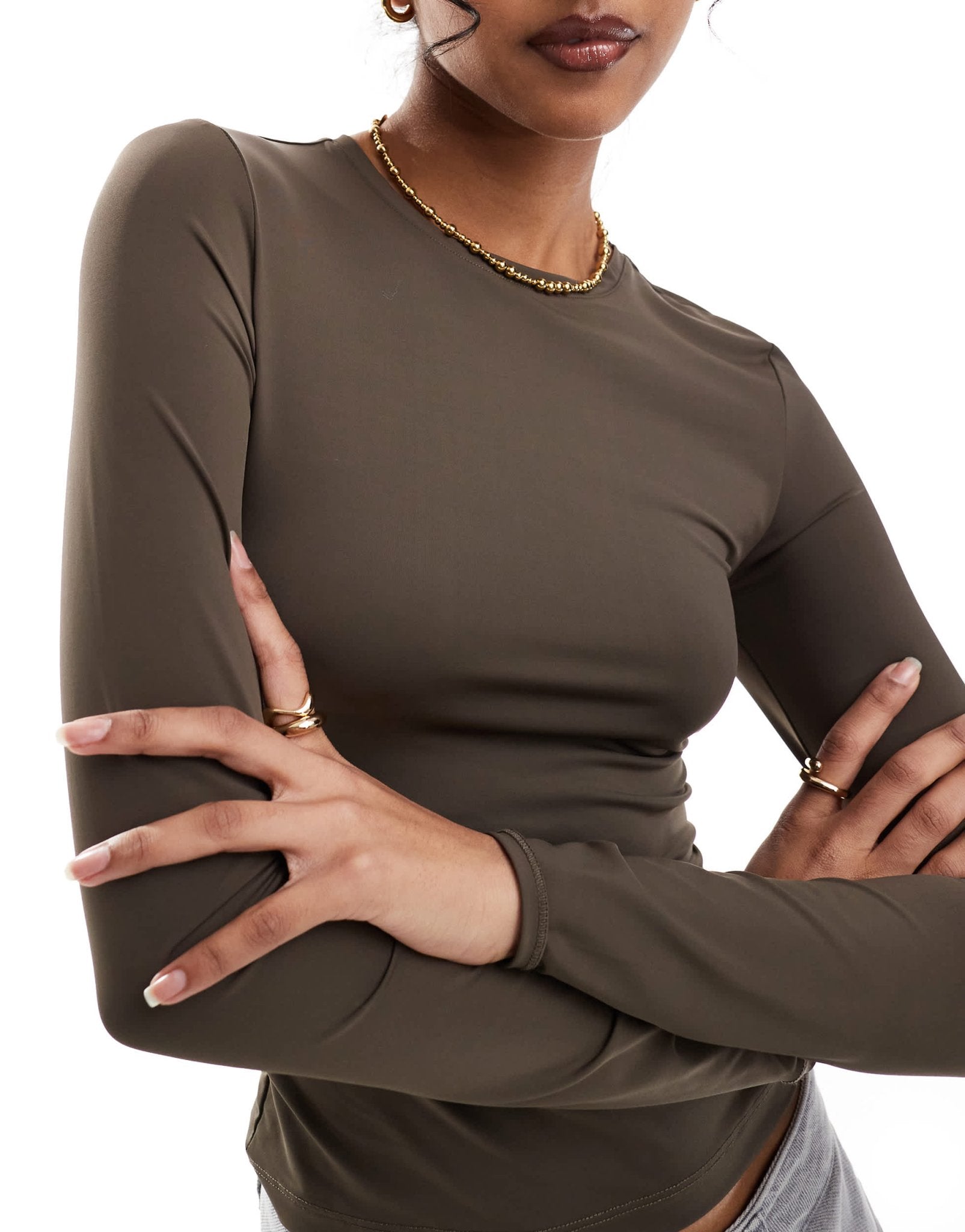 Pull&Bear polyamide sculpt long sleeved top in chocolate brown - ASOS Sample Sale EU Store