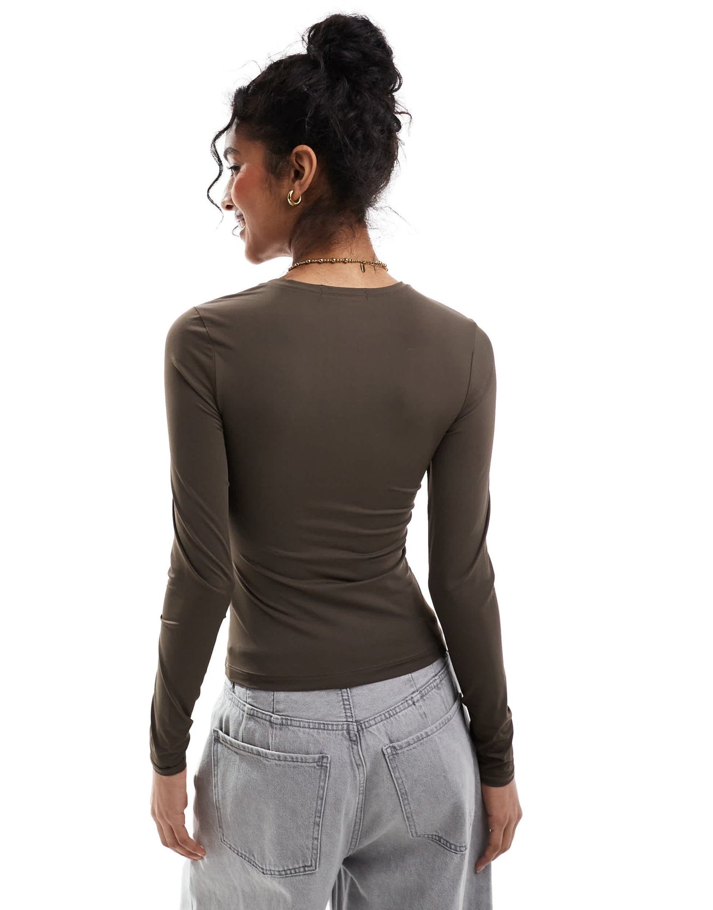 Pull&Bear polyamide sculpt long sleeved top in chocolate brown - ASOS Sample Sale EU Store