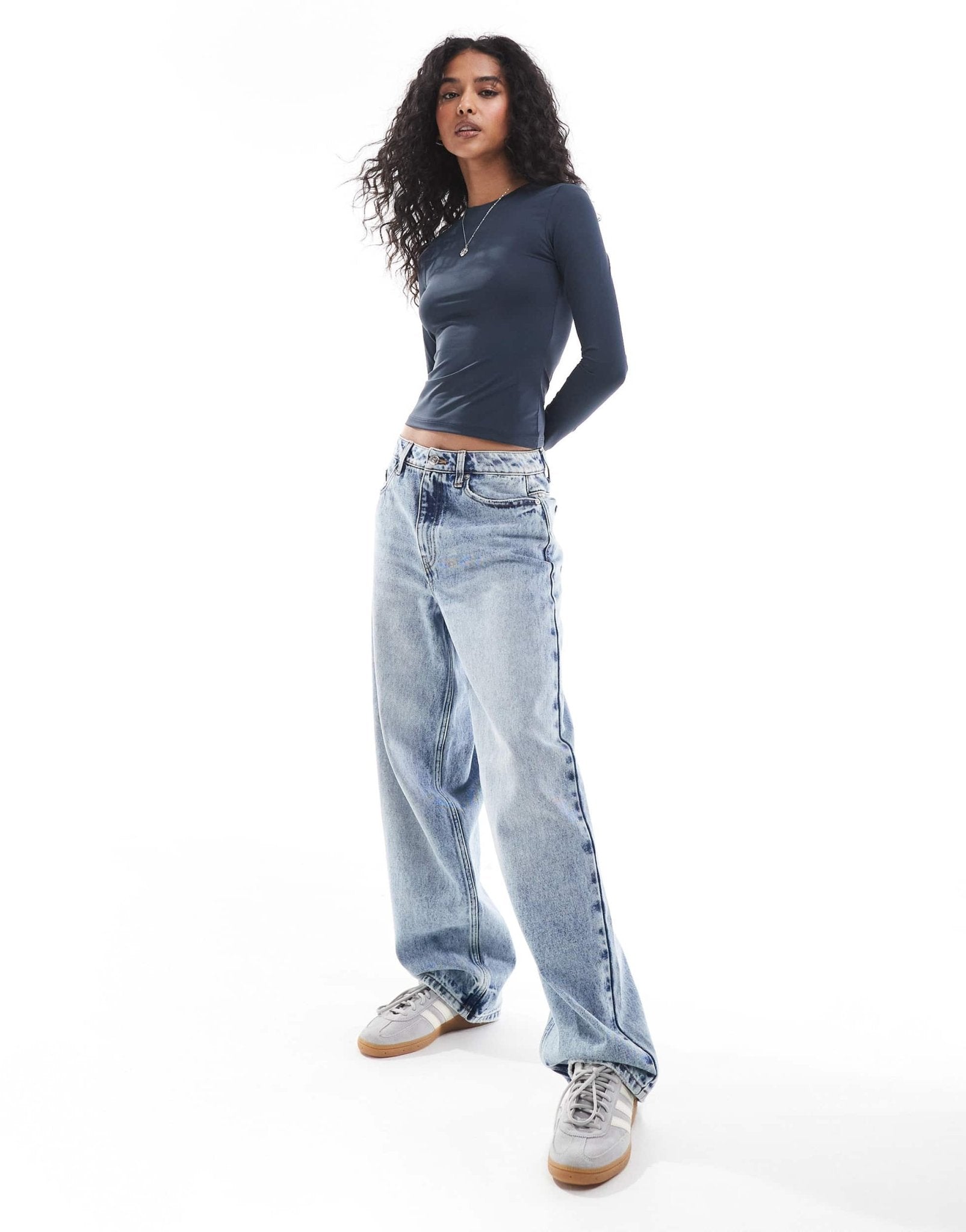 Pull&Bear polyamide sculpt long sleeved top in navy blue - ASOS Sample Sale EU Store