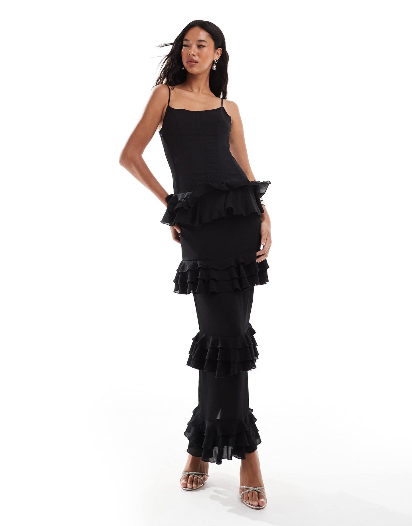 Rare London corset cami maxi dress with chiffon tiered skirt in black - ASOS Sample Sale EU Store