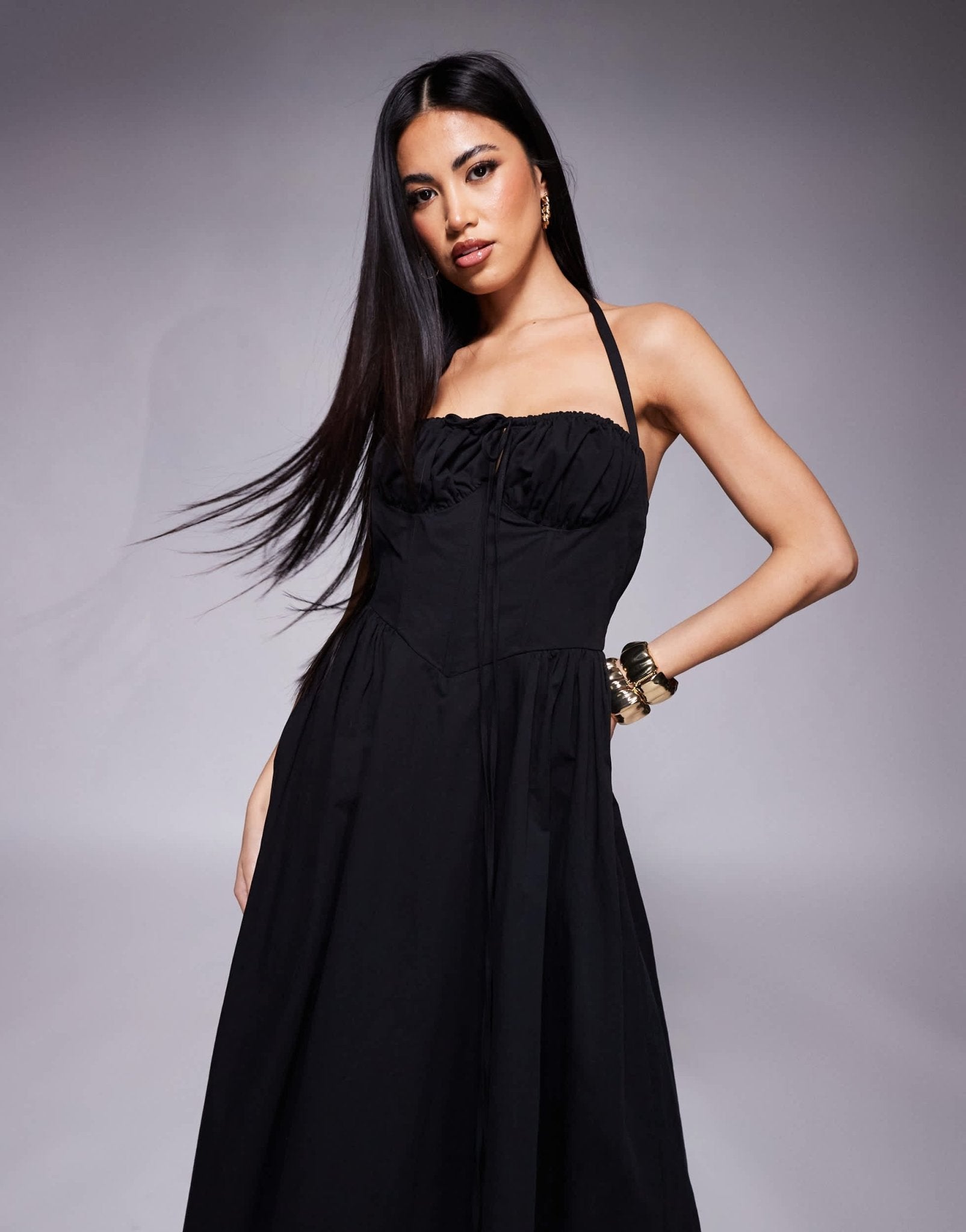 Rare London halterneck milkmaid tie detail midi dress in black - ASOS Sample Sale EU Store