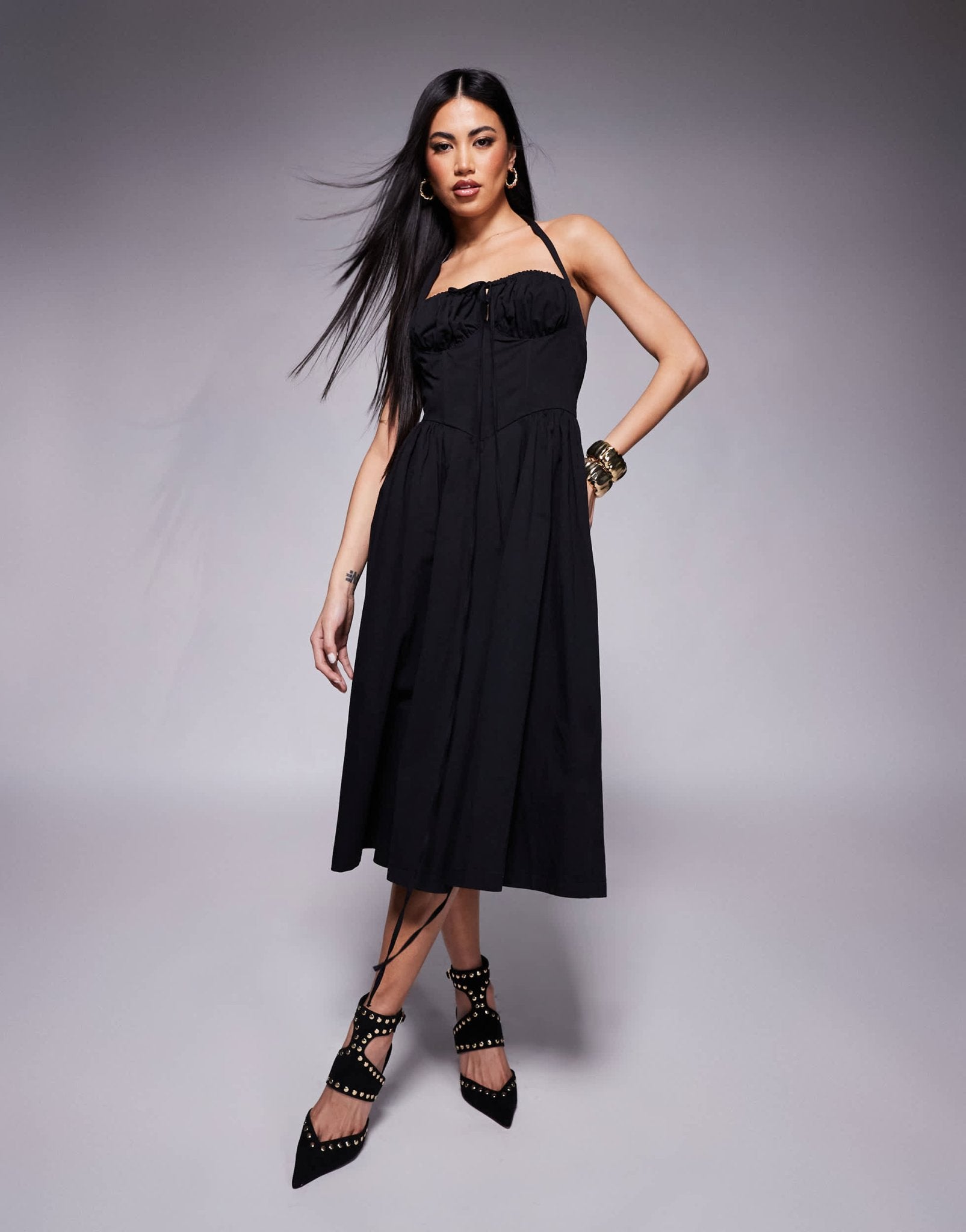 Rare London halterneck milkmaid tie detail midi dress in black - ASOS Sample Sale EU Store