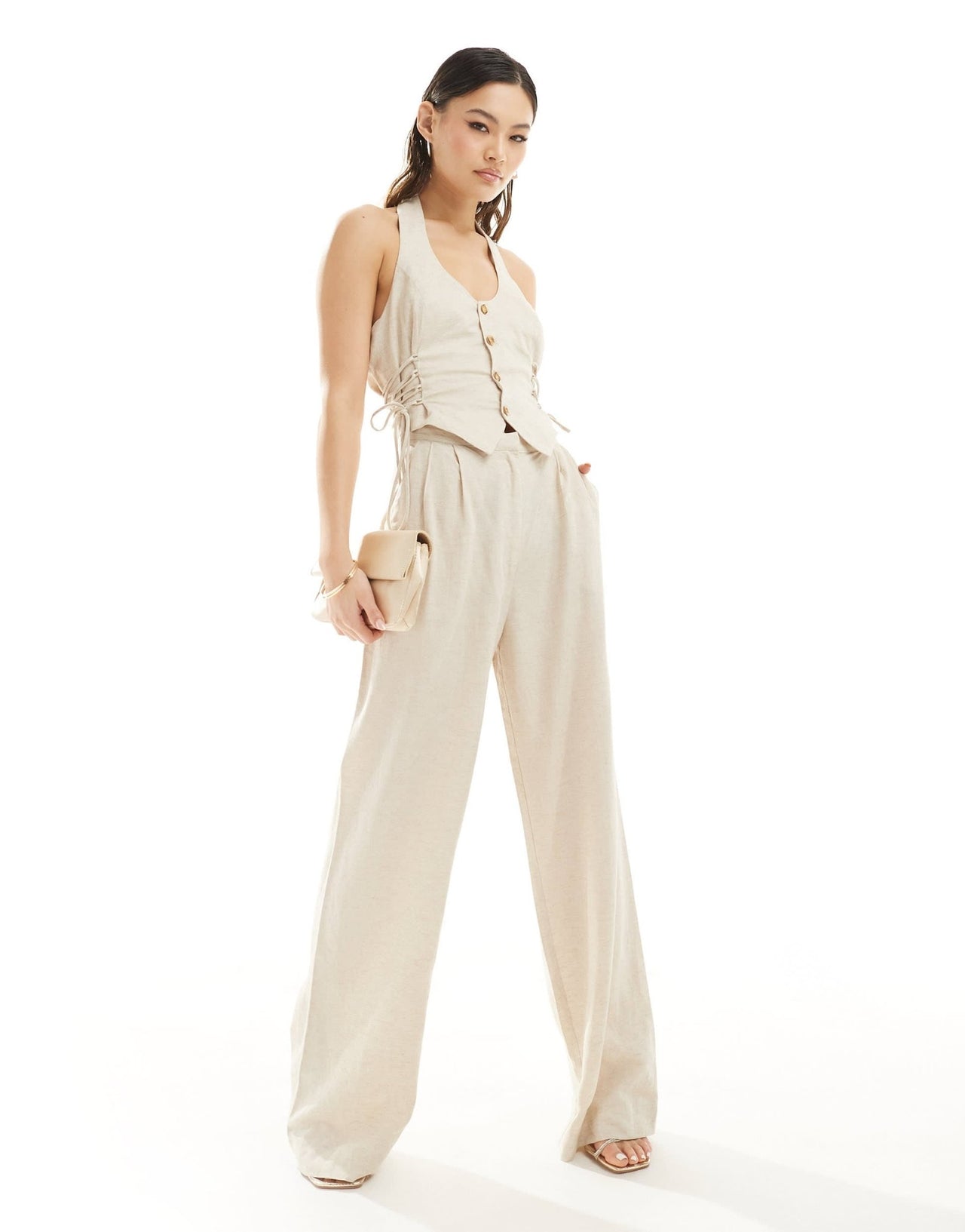 Rare London linen mix halterneck lace up side detail jumpsuit in beige - ASOS Sample Sale EU Store