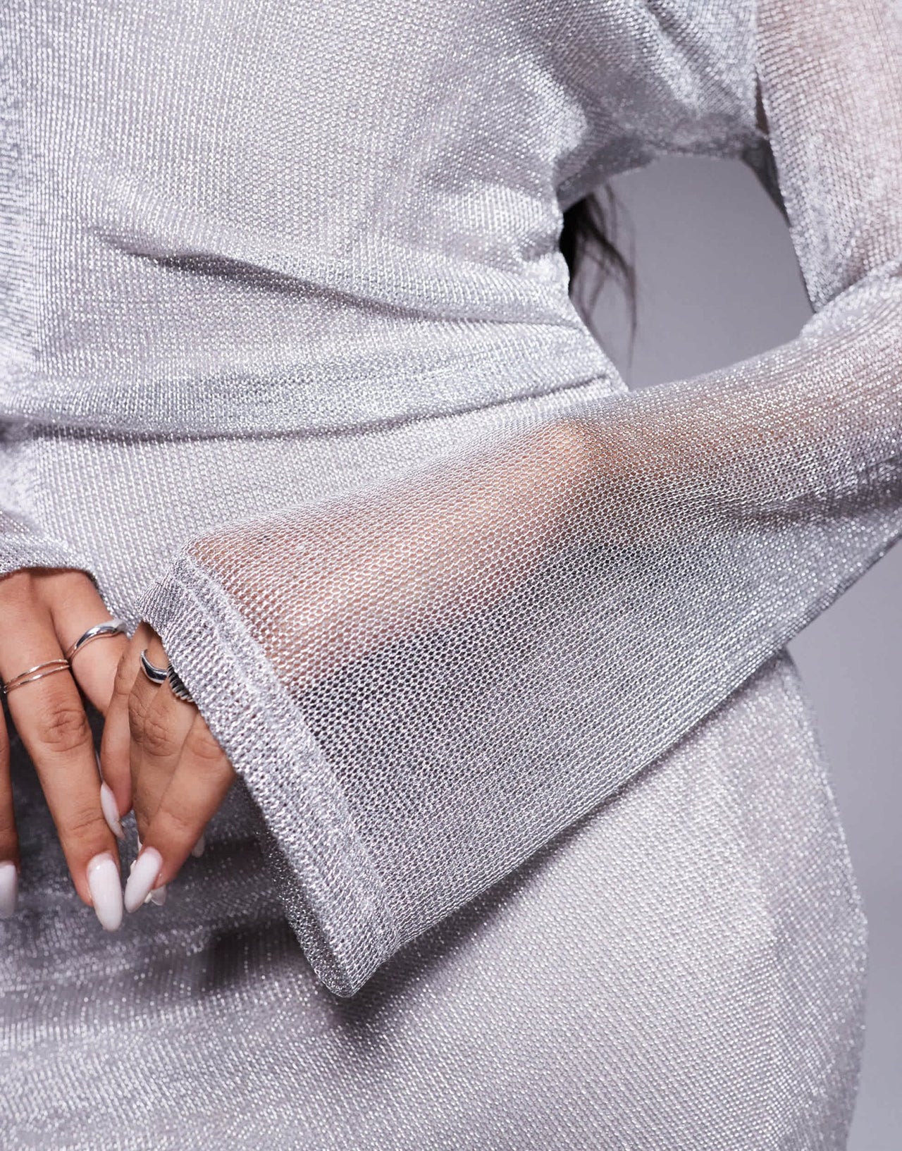 Rare London metallic knit flared sleeve mini dress in silver - ASOS Sample Sale EU Store