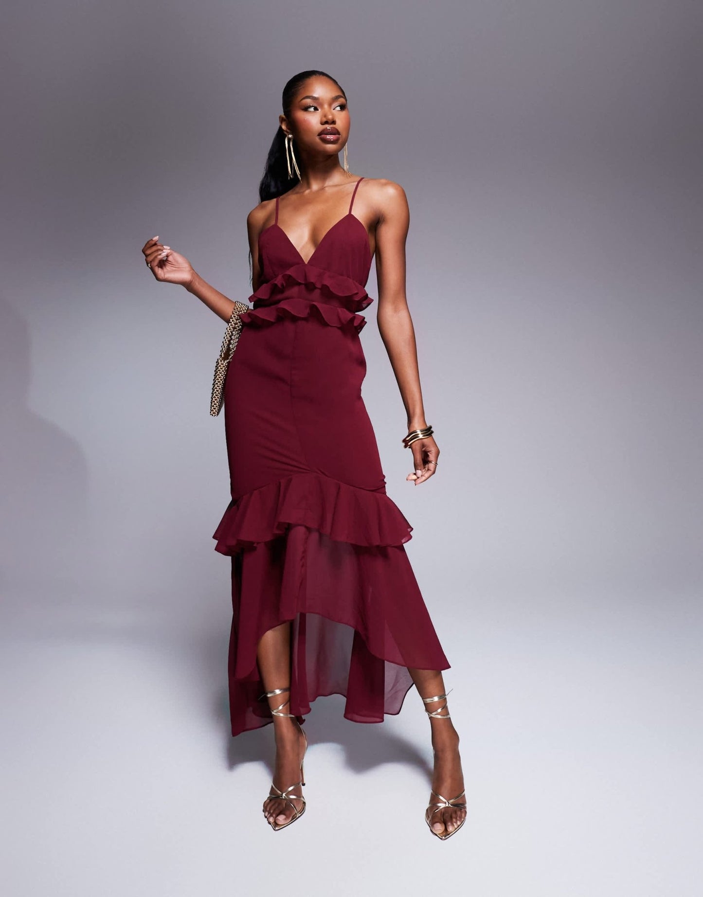 Rare London ruffle trim high low hem cami maxi dress in dark red - ASOS Sample Sale EU Store