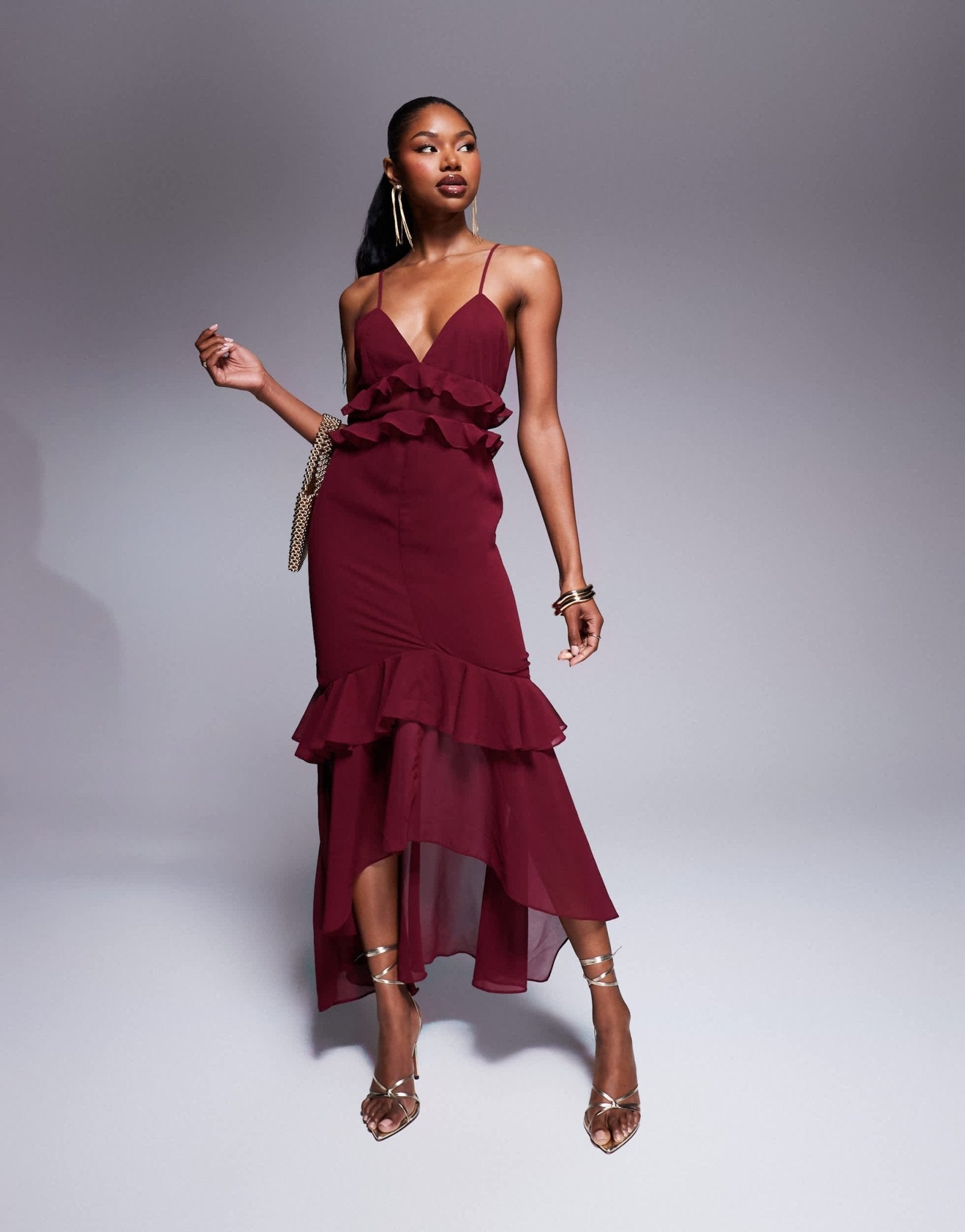Rare London ruffle trim high low hem cami maxi dress in dark red - ASOS Sample Sale EU Store