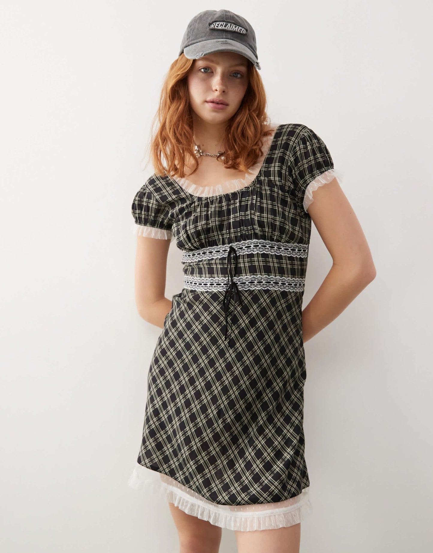 Reclaimed Vintage babydoll mini dress in with lace trims in check - ASOS Sample Sale EU Store
