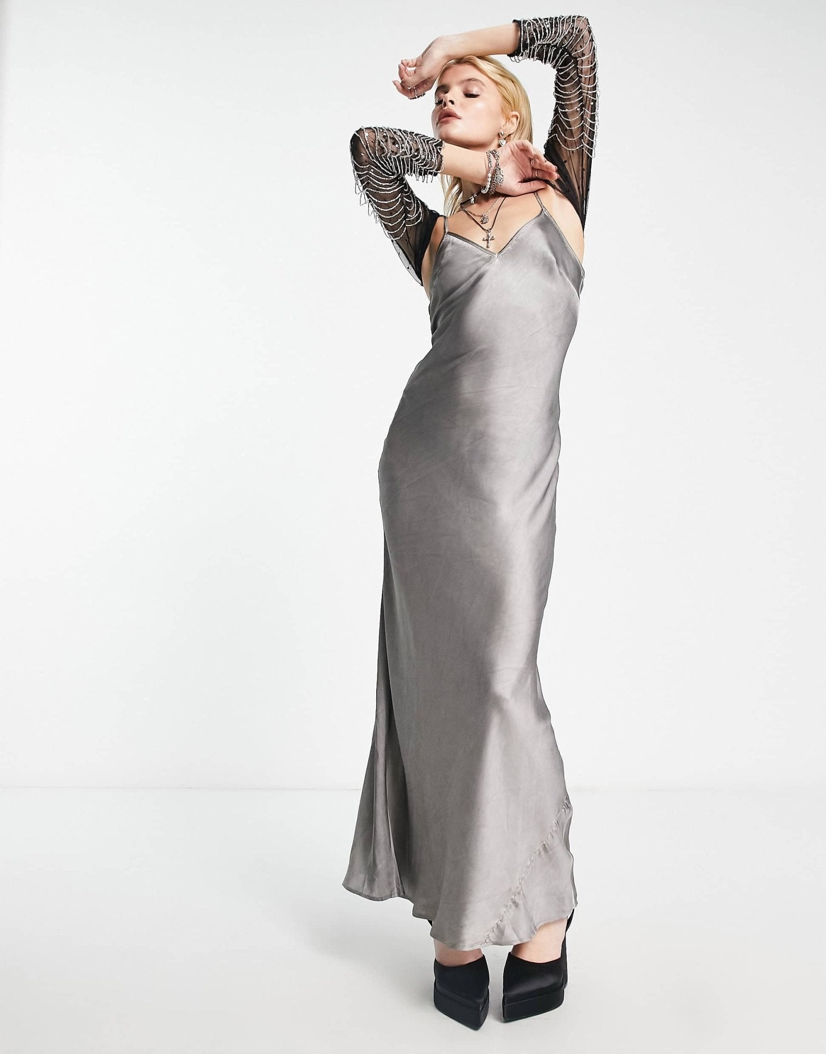 Reclaimed Vintage limited edition grunge slip dress with detachable sheer and embellished sleeves in black - ASOS Sample Sale EU Store